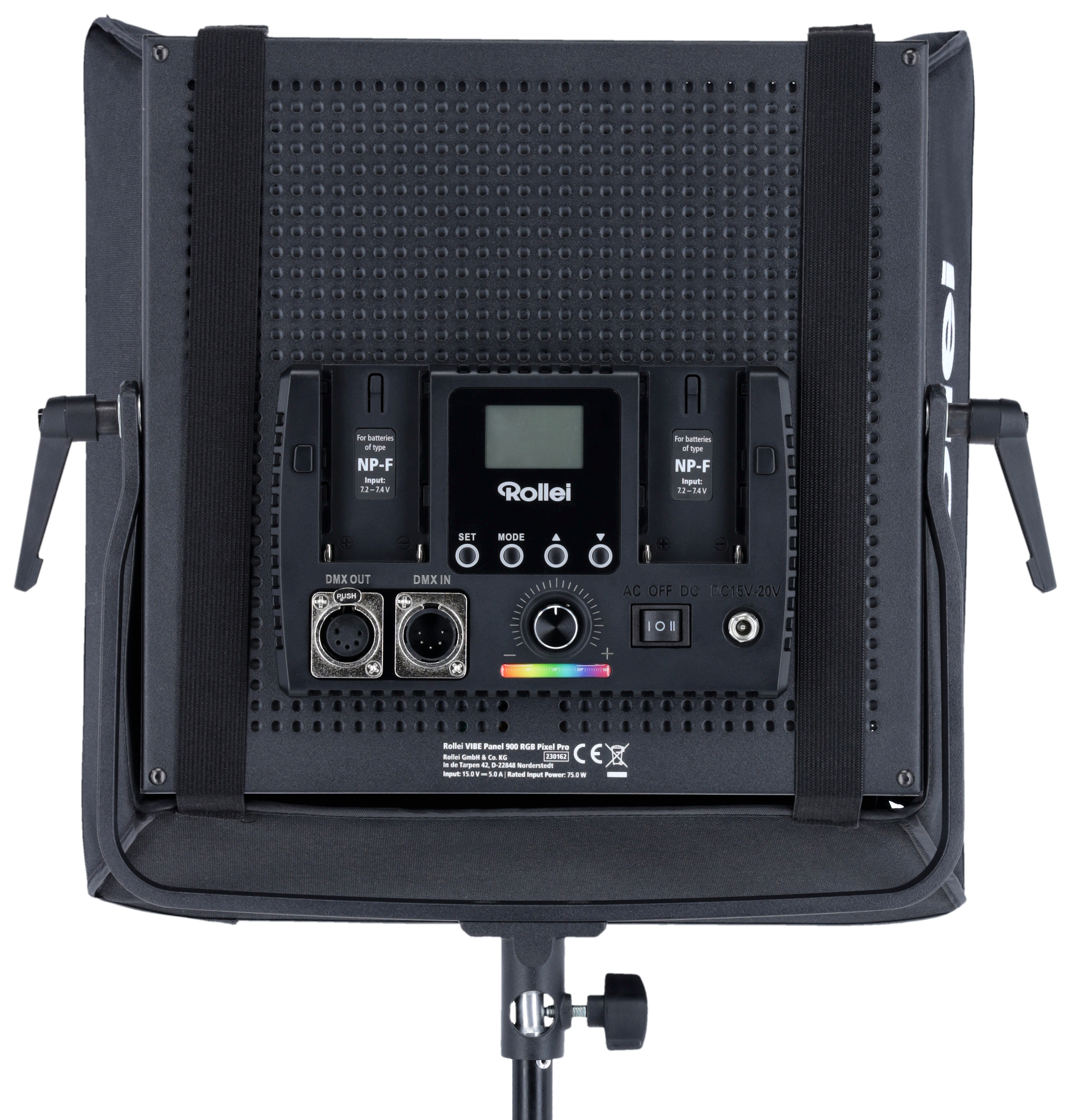Rückseite eines schwarzen Rollei VIBE Panel 900 RGB Pixel Pro Lichts mit Anschlüssen.
