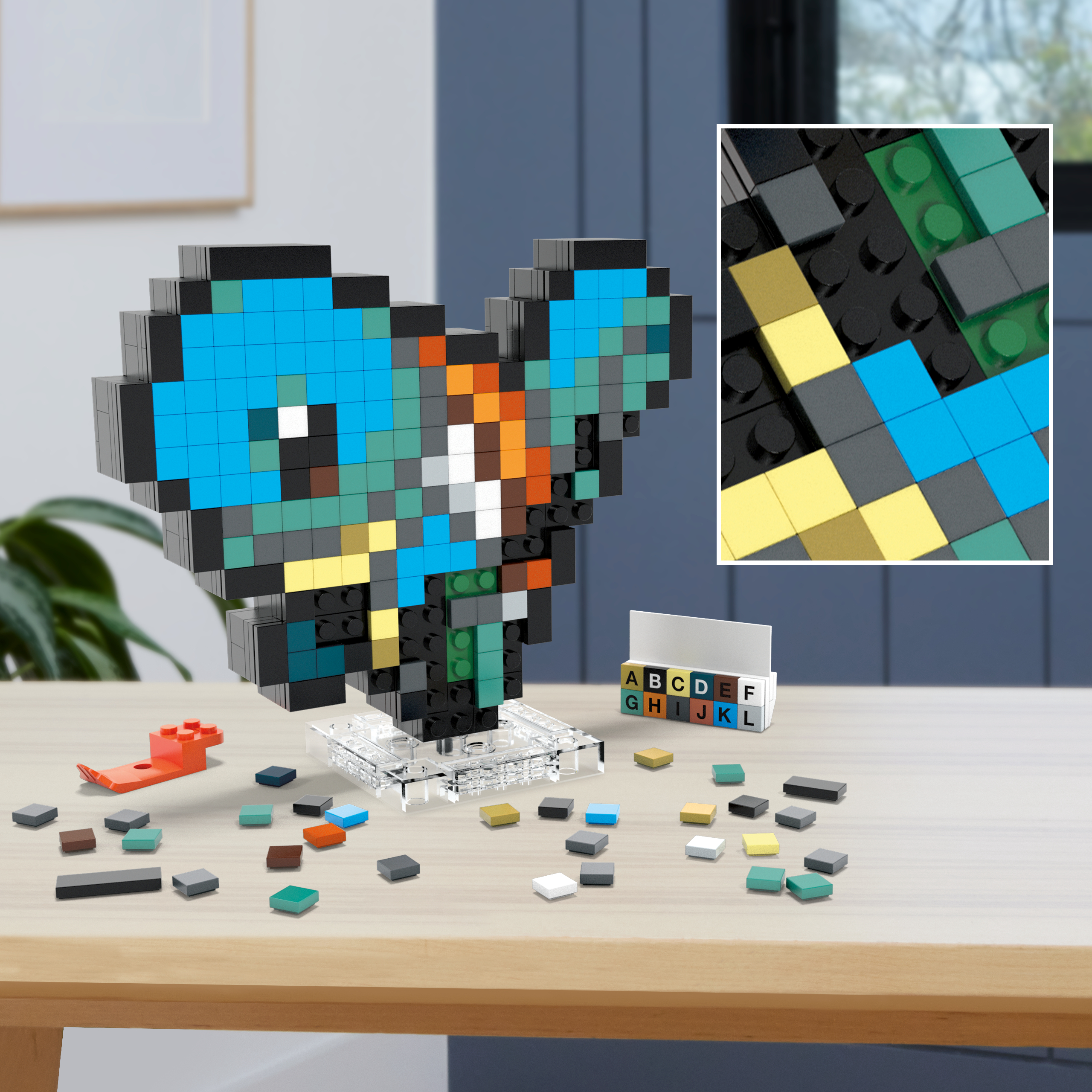 Ein pixeliges Herz aus Legosteinen, mit kleinem inset-Bild der Steine, auf einem Tisch.