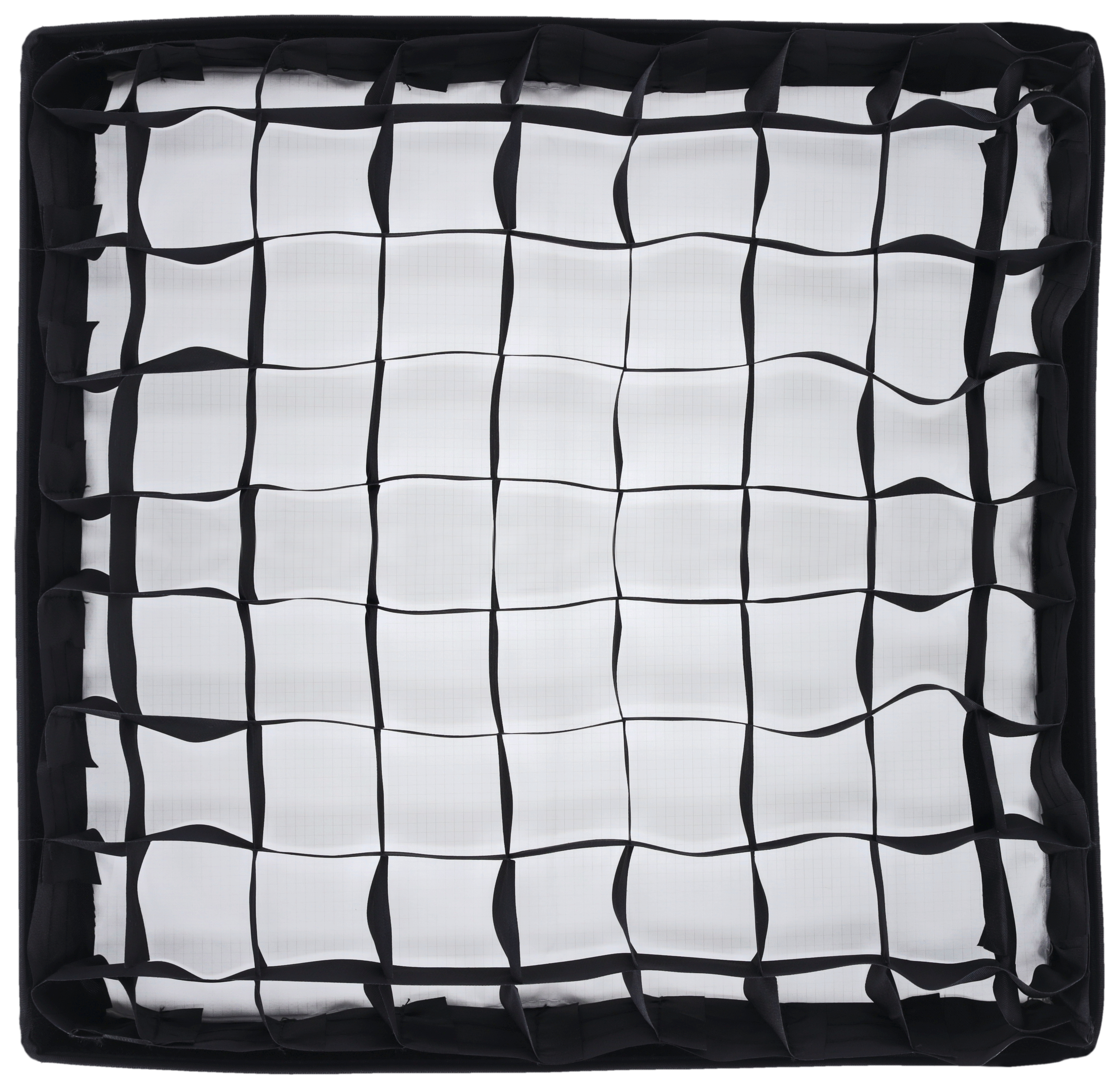 Ein schwarzer Stoffrahmen mit weißen Gittern, der wie eine Wabe aussieht.