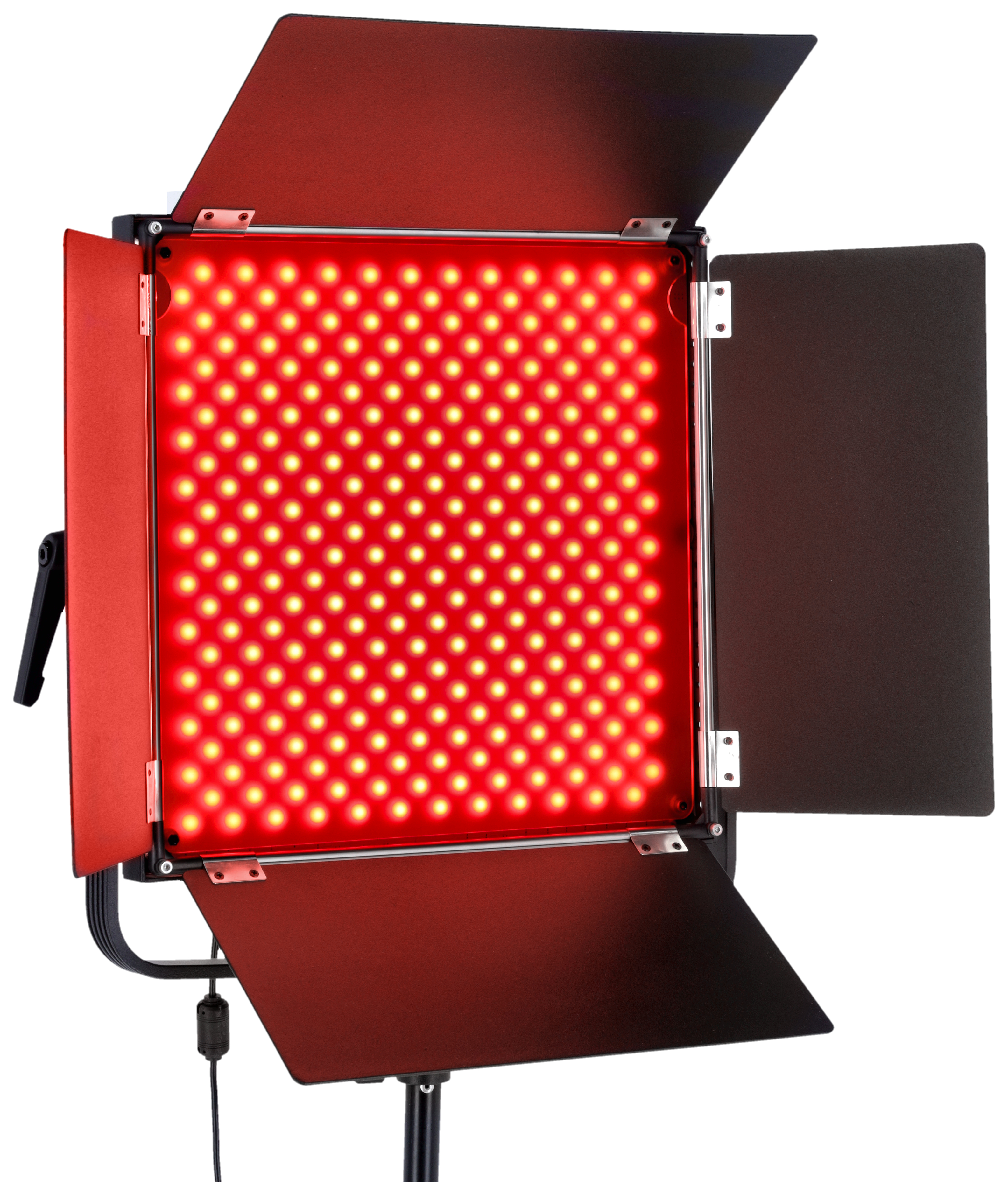 Ein rotes LED-Panel mit aufklappbaren Rotlicht-Diffusoren, montiert auf einem Stativ.