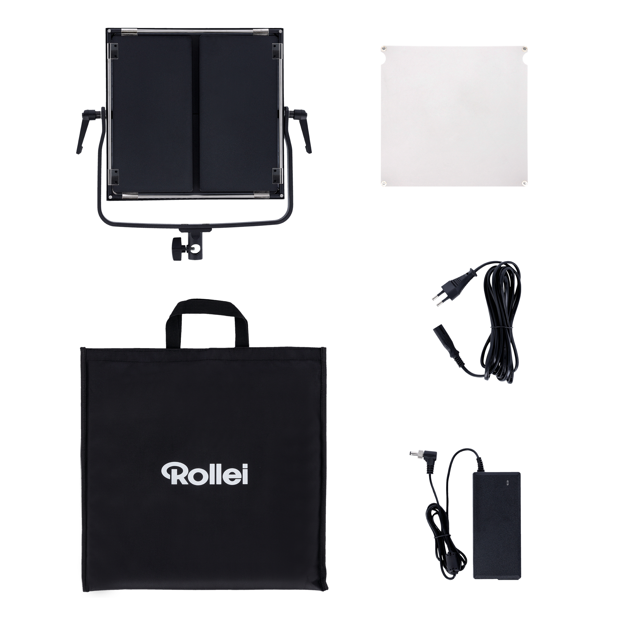 Ein Rollei-Tragetasche, ein weißes Diffusor-Panel, ein Netzteil und Kabel.