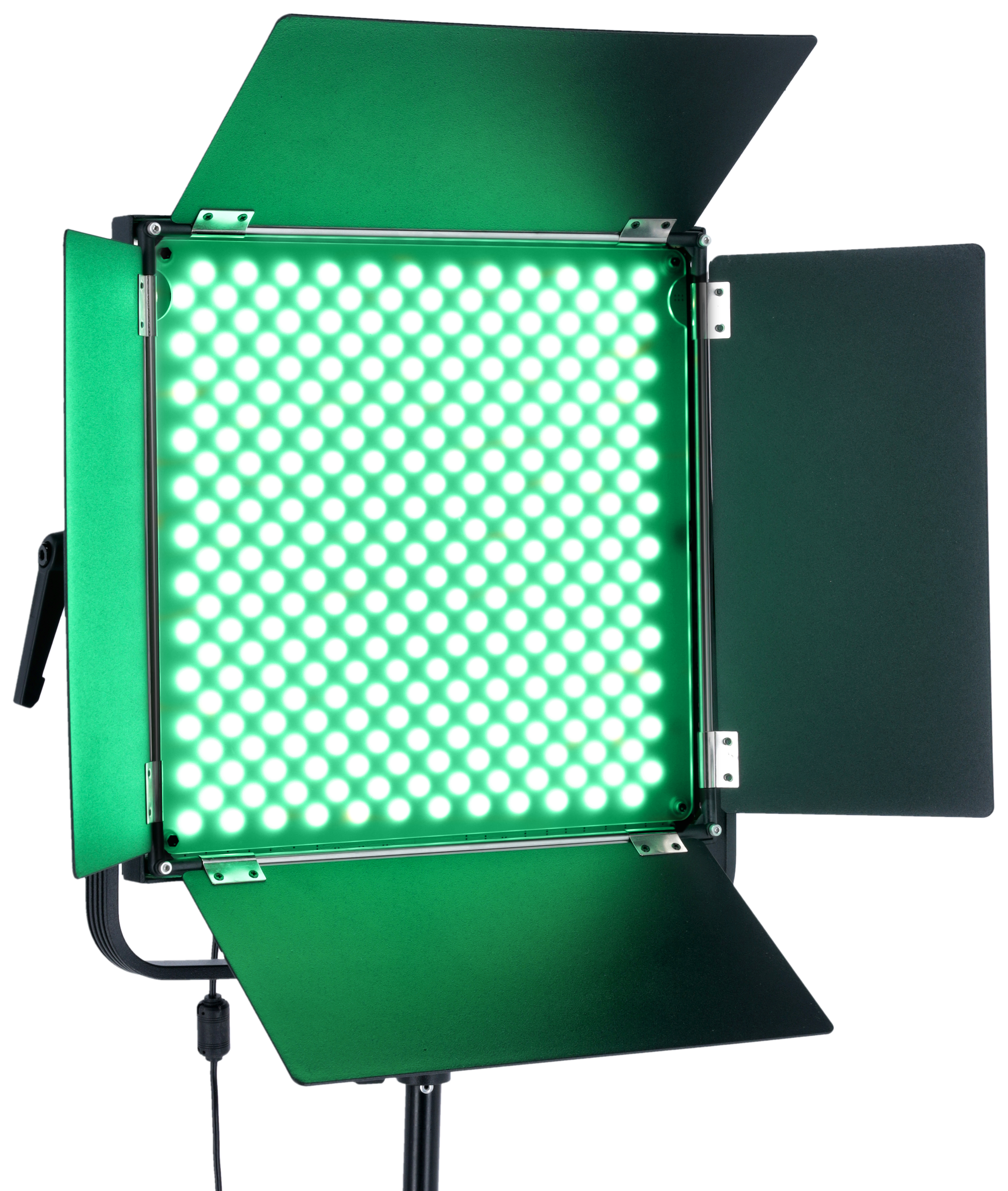 Ein grünes LED-Panel mit aufklappbaren Bändern, das auf einem Ständer montiert ist.