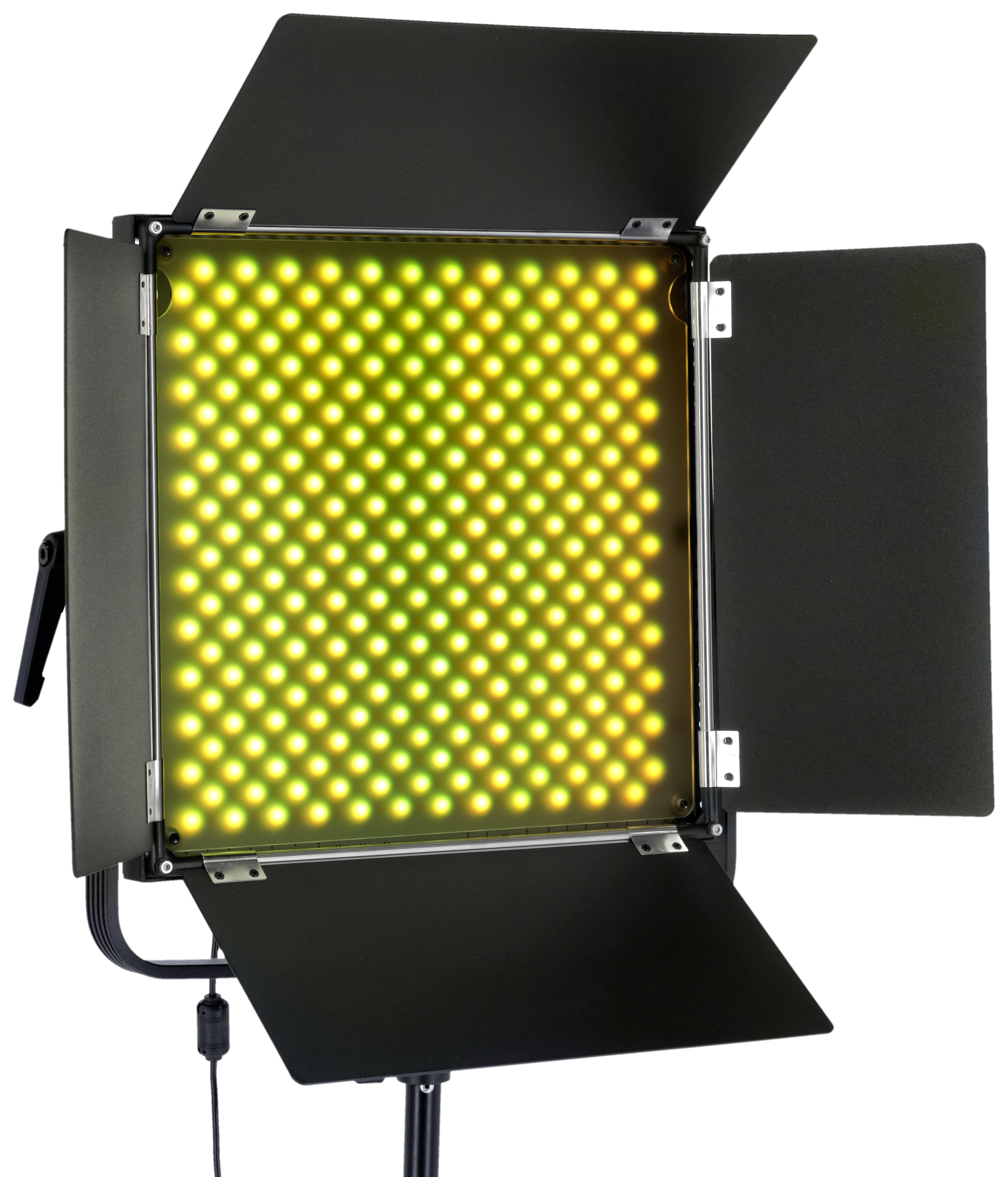 Ein helles LED-Licht mit vier schwarzen Klappen, das nach vorne scheint.