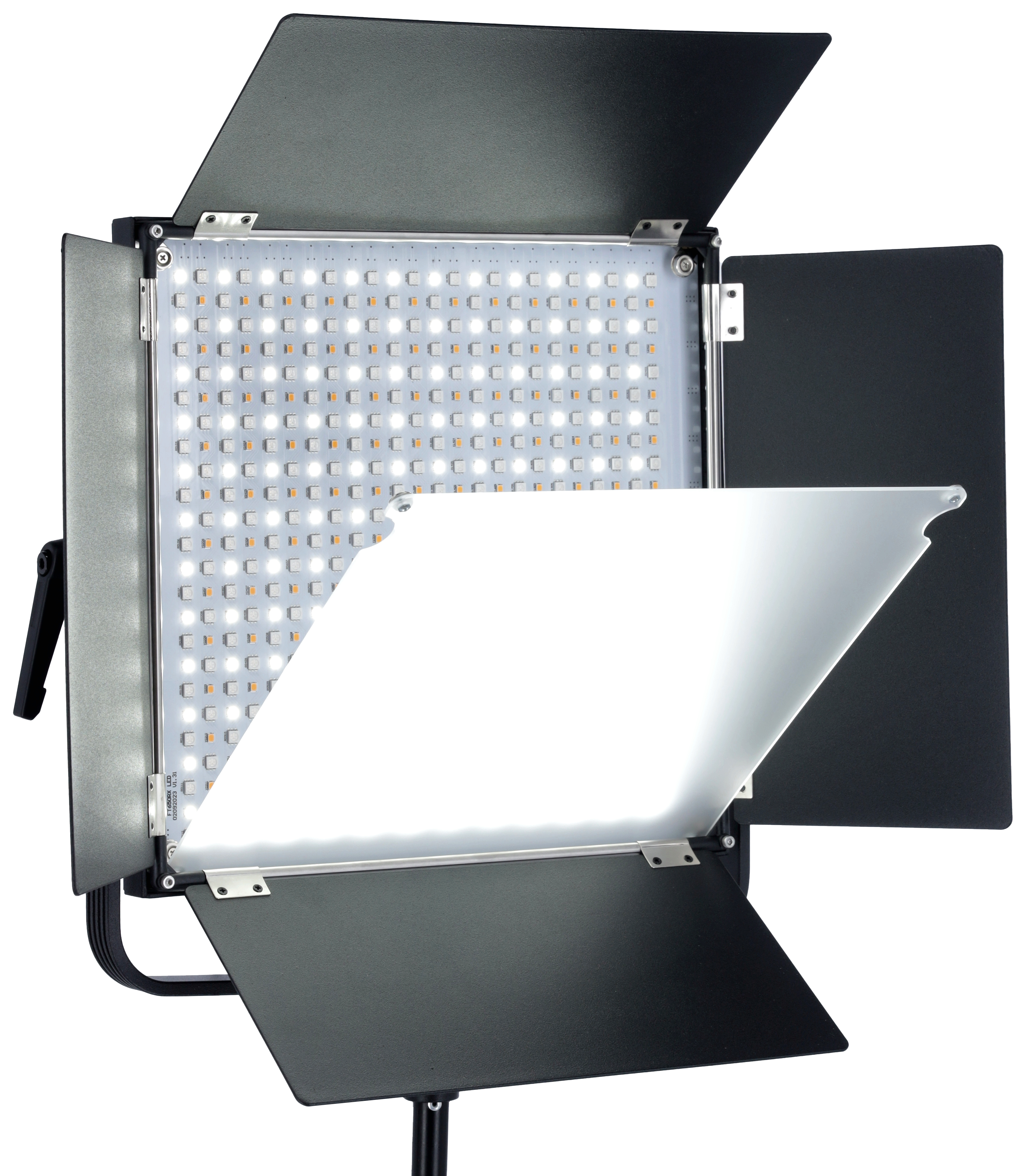 Ein offenes LED-Panel mit vier schwarzen Lichtklappen und einem Diffusor.