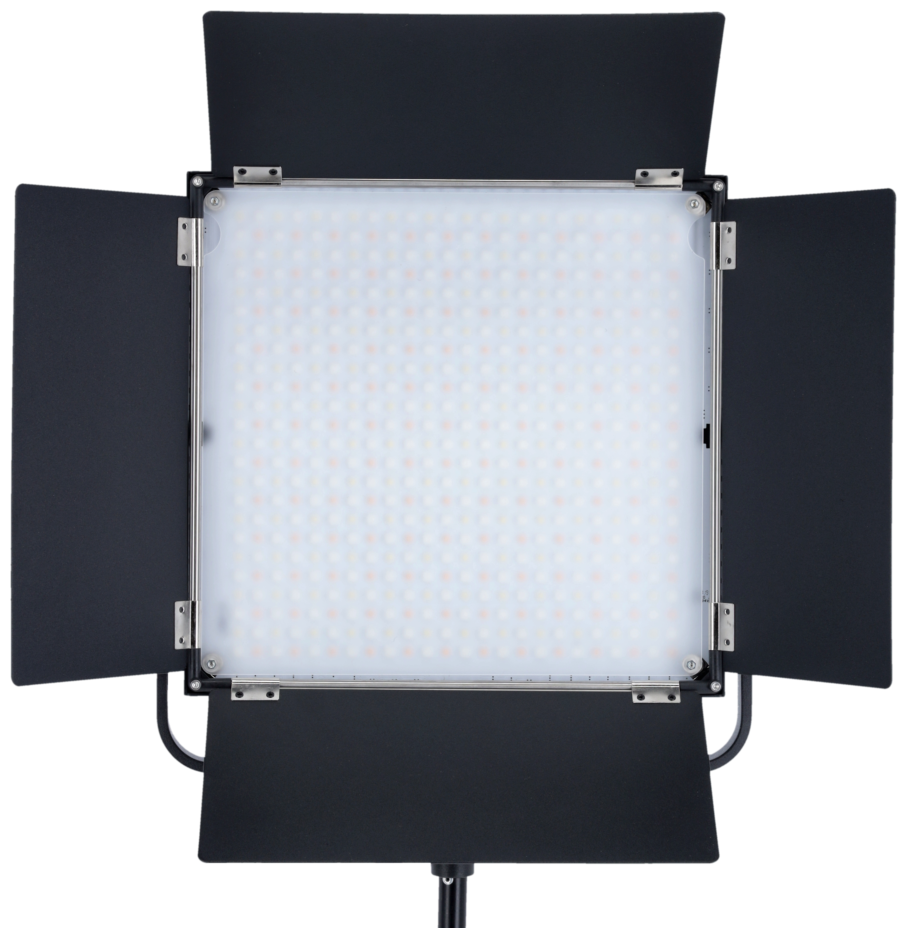 Ein rechteckiges LED-Lichtpanel mit schwarzen Klappen und einem weißen Diffusor.