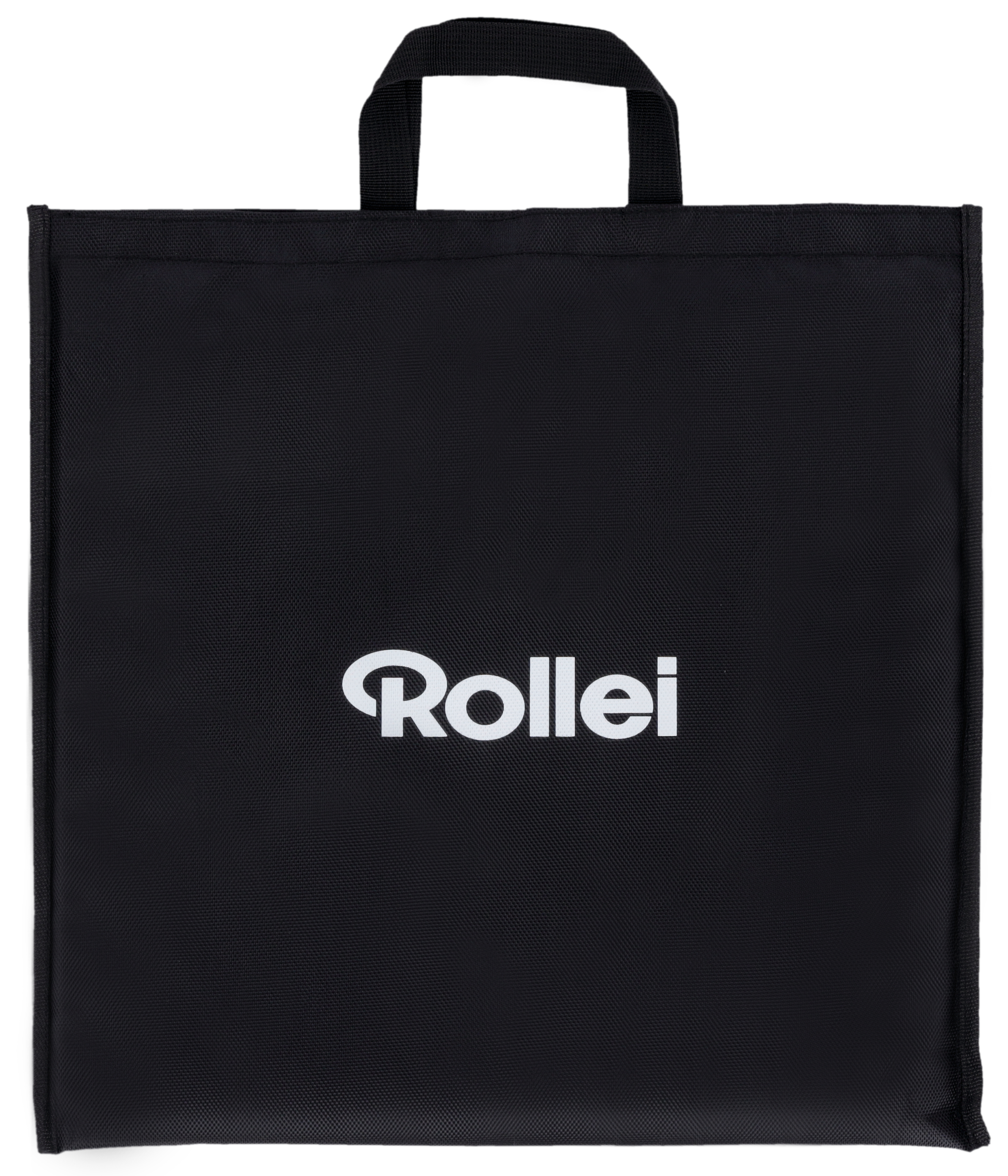 Schwarze Rollei-Tasche mit zwei Henkeln und weißem Logo.