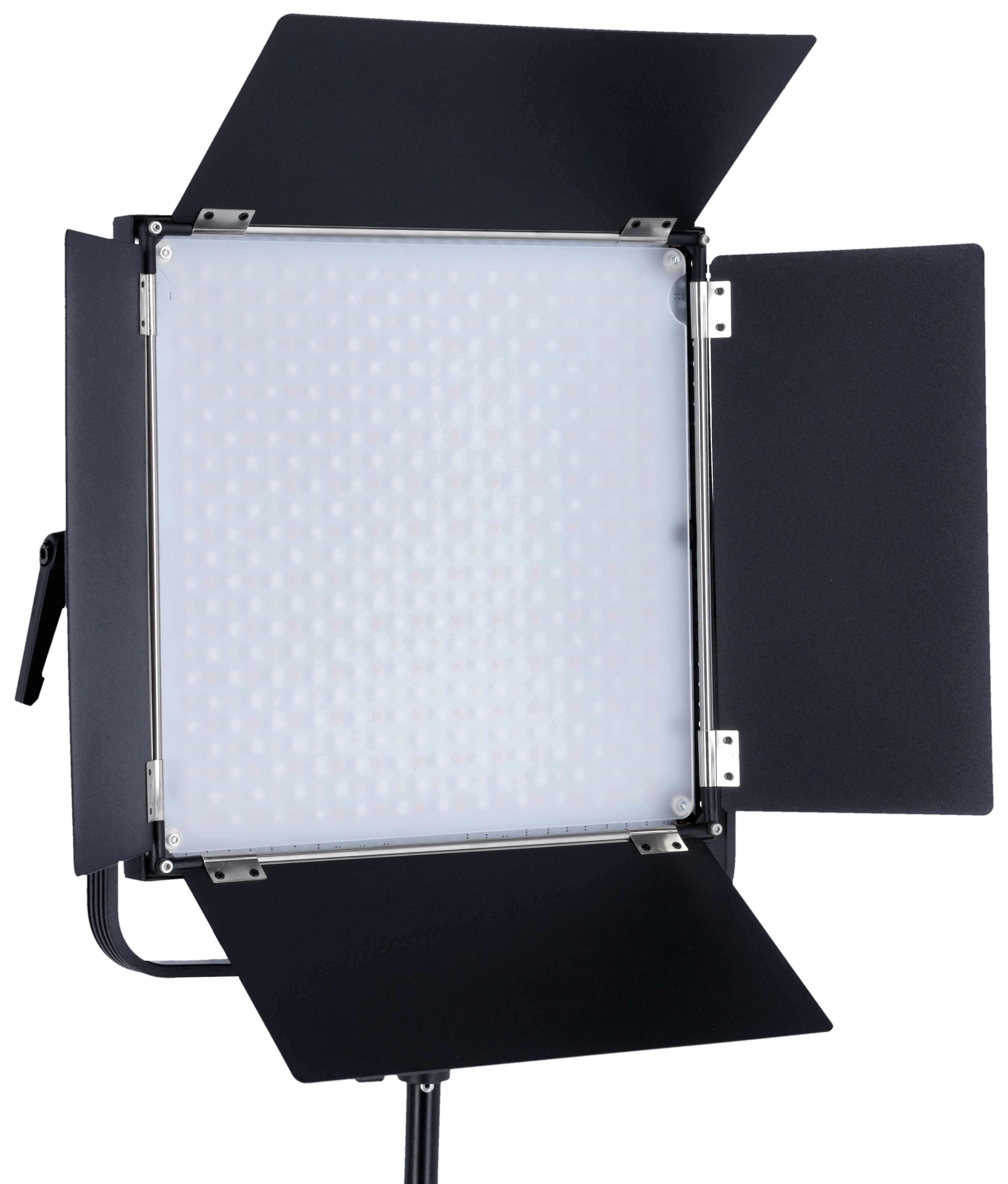 Ein rechteckiges LED-Panel mit schwarzen Barn Doors, montiert auf einem Stativ.