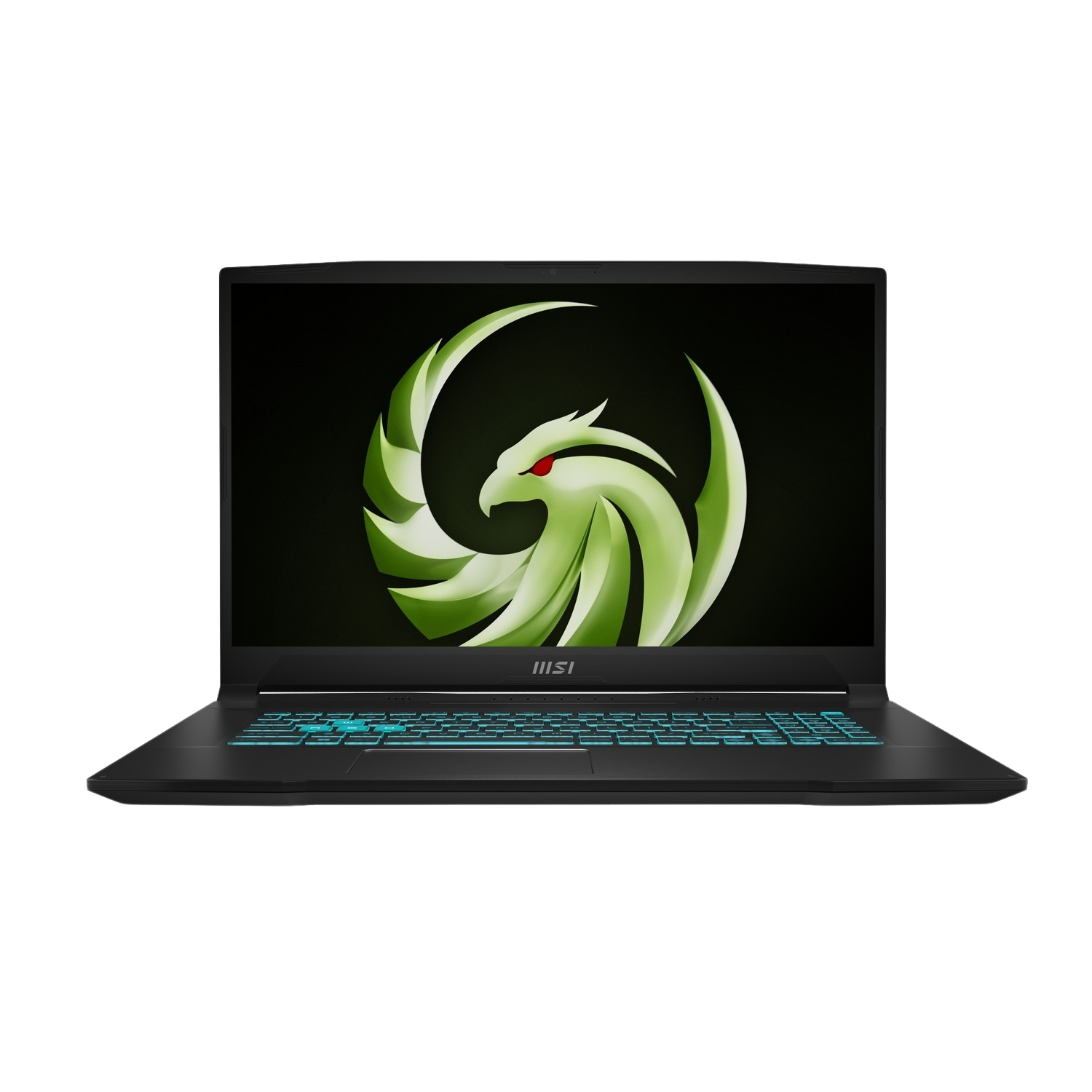 Ordinateur portable noir avec un logo vert et blanc sur l'écran. Le clavier a un rétroéclairage bleu. Le fond est noir.