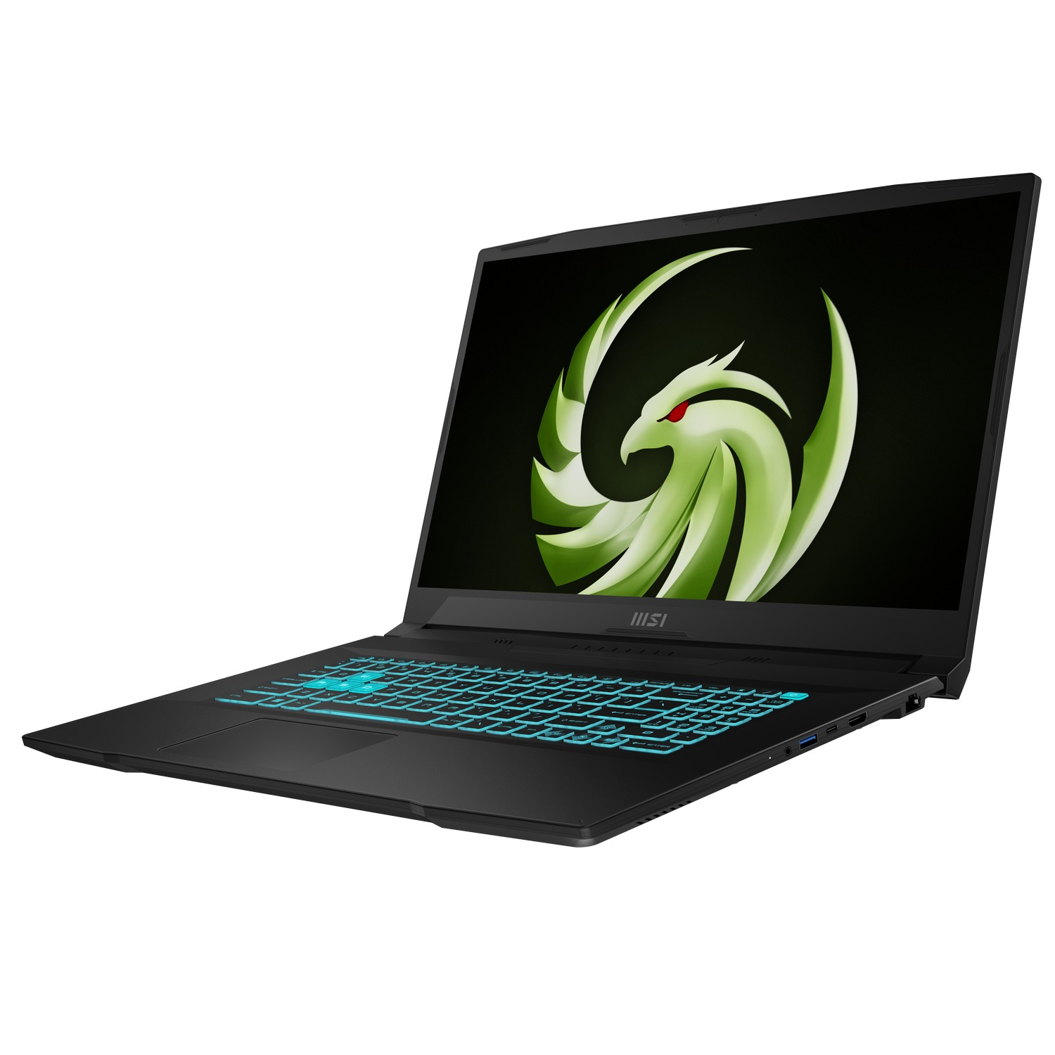 Un ordinateur portable noir avec un logo vert sur l'écran. Le clavier est rétroéclairé en bleu. L'ordinateur est sur fond blanc.