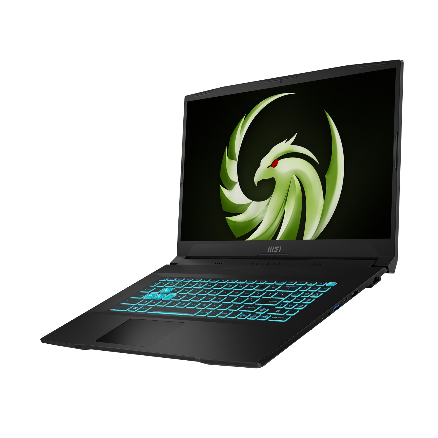 Ordinateur portable noir sur fond blanc. L'écran affiche un graphique vert. Le clavier est éclairé par des lumières bleues.