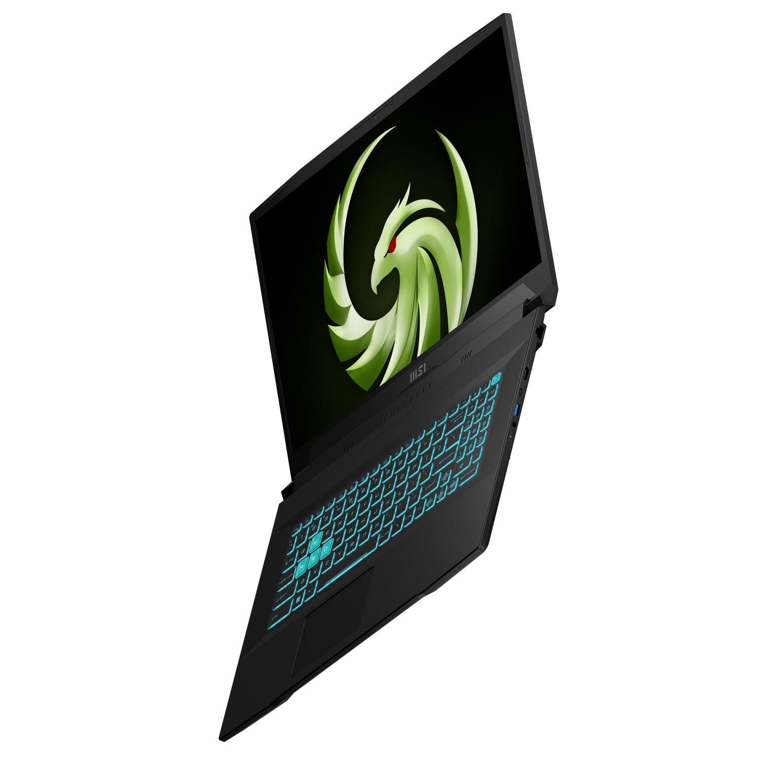 Ordinateur portable noir ouvert, affichant un logo de dragon vert sur l'écran et un clavier rétroéclairé vert d'eau. Fond blanc.