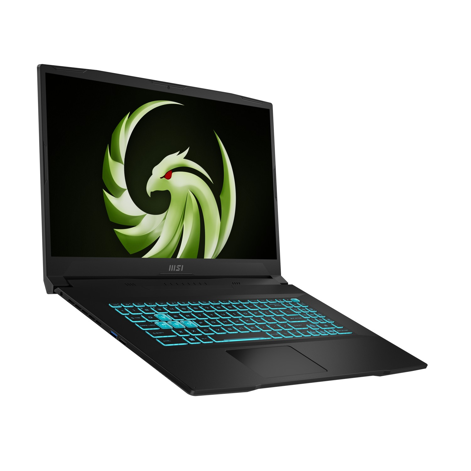 Ordinateur portable noir avec logo vert, clavier bleu, et fond blanc.