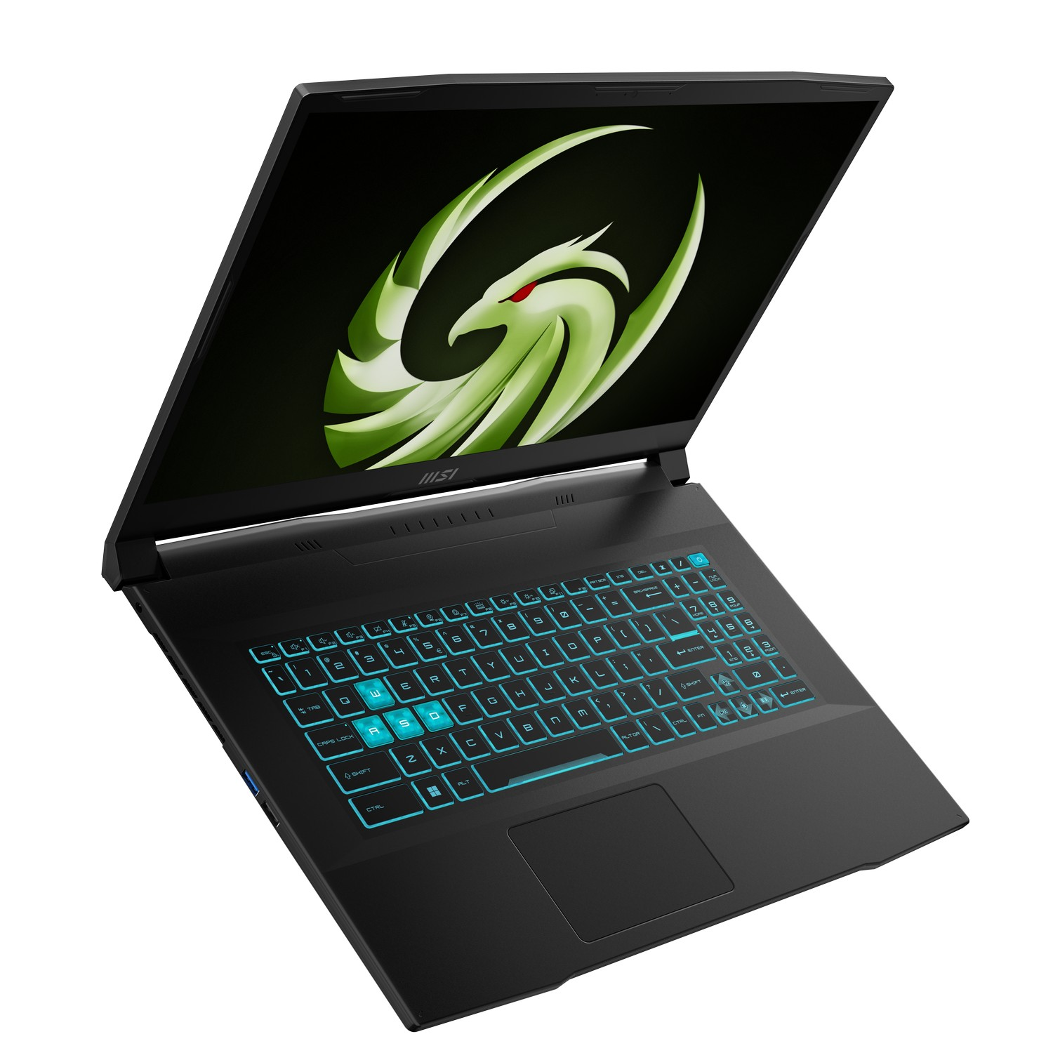 Ordinateur portable noir avec écran ouvert affichant un logo de dragon vert. Le clavier a un rétroéclairage bleu.