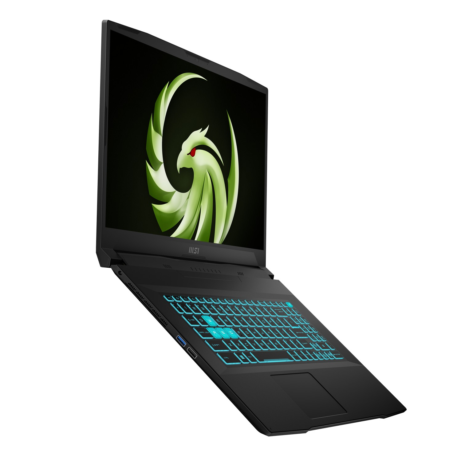Ordinateur portable noir avec un logo vert sur l'écran. Le clavier est éclairé en bleu. L'ordinateur est ouvert sur fond blanc.