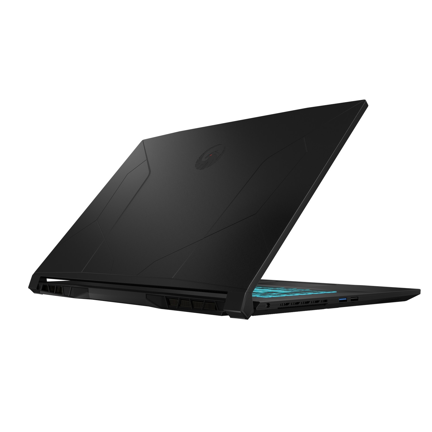 Ordinateur portable noir sur fond blanc. L'écran est légèrement ouvert, montrant un clavier lumineux. Logo MSI visible.