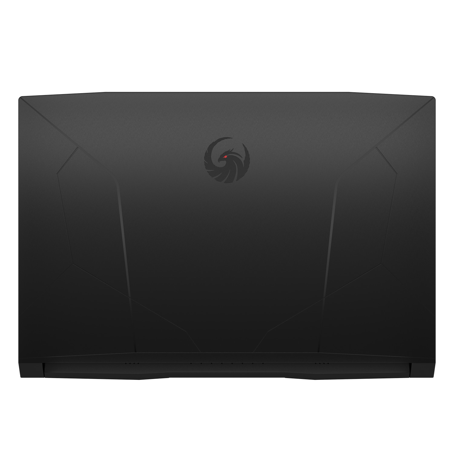 Vue de dessus d'un ordinateur portable noir. Un logo est au centre. La surface a une finition texturée avec des motifs géométriques.