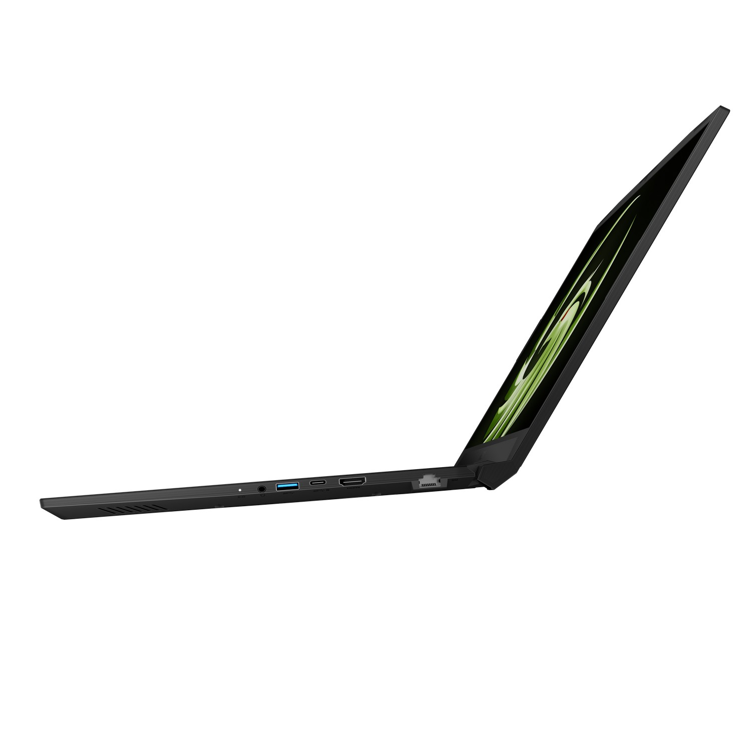Un ordinateur portable noir est ouvert en biais sur fond blanc. L'écran affiche un design vert et noir. L'ordinateur portable est élégant et moderne.