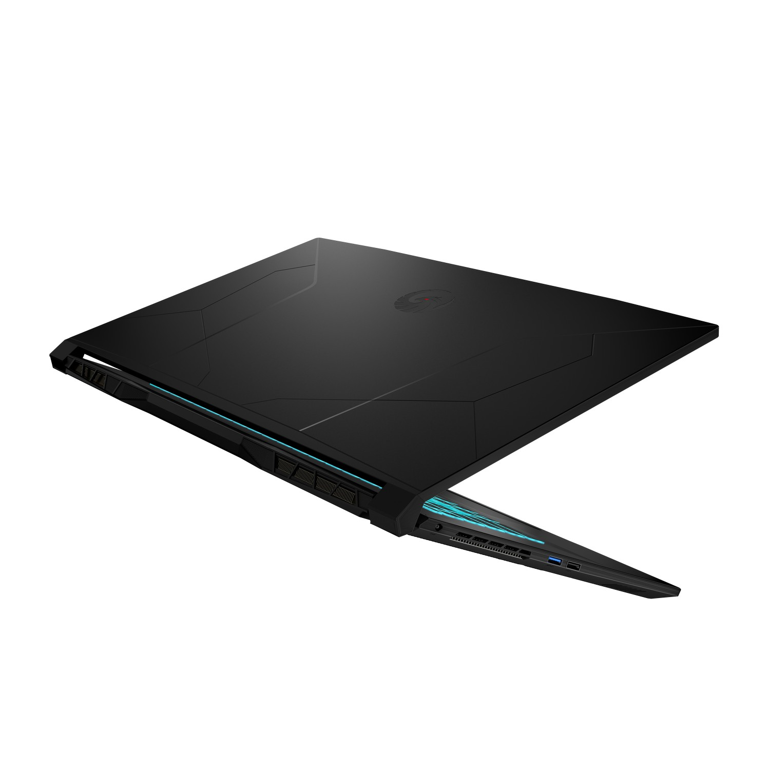 Un ordinateur portable noir est ouvert en angle, montrant les ports latéraux et les évents. La zone du clavier est visible, avec une bande bleue lumineuse.