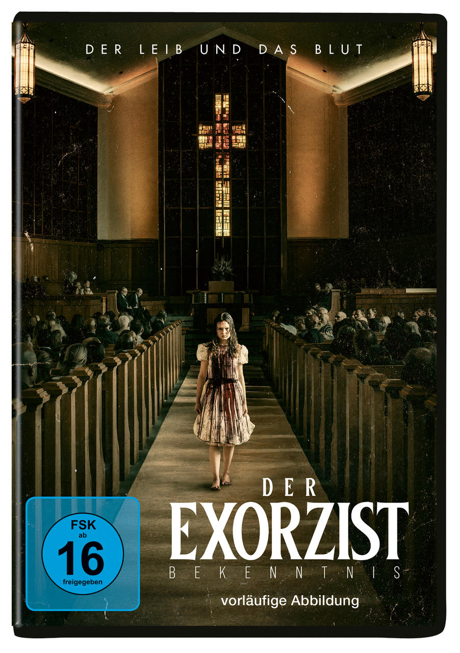 Filmcover: Frau in Kirche, Blut und Text. Dunkle Umgebung, FSK 16 Bewertung. Der Exorzist.