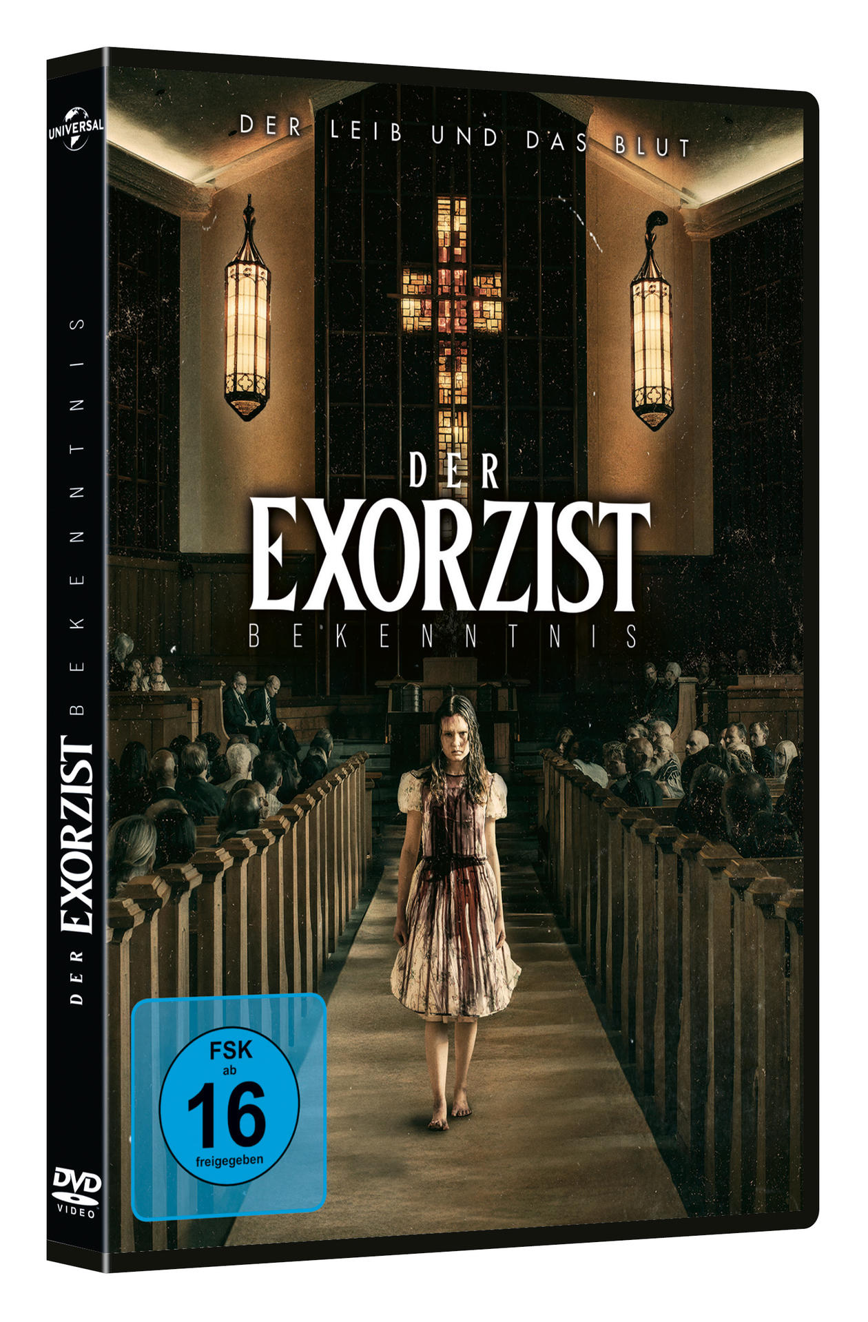 DVD-Hülle für 'Der Exorzist: Bekenntnis'. Zeigt Mädchen mit blutigem Kleid in Kirche.