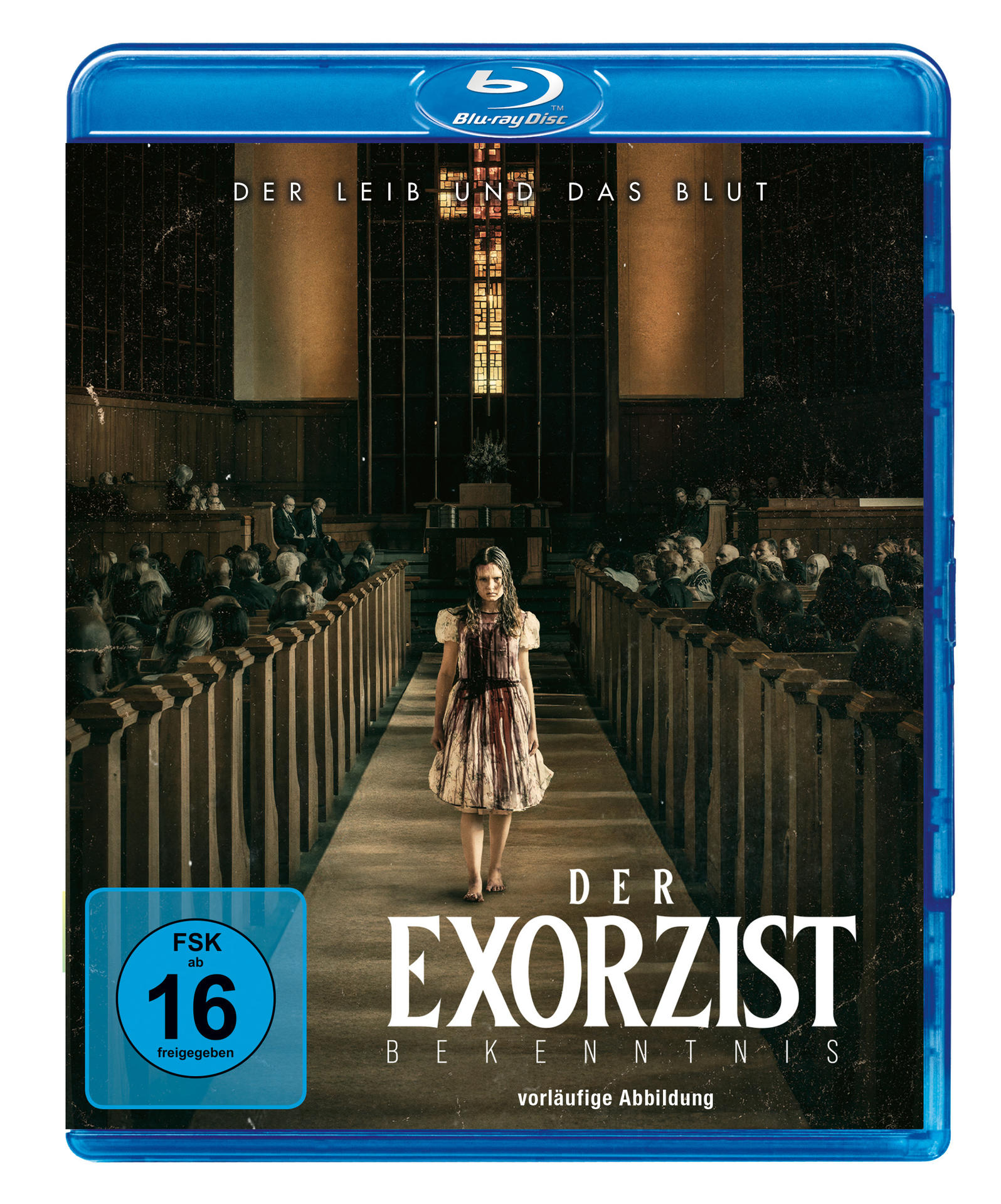 Ein Filmplakat mit einem Mädchen, das in einer Kirche geht. Titel 'Der Exorzist Bekenntnis'.