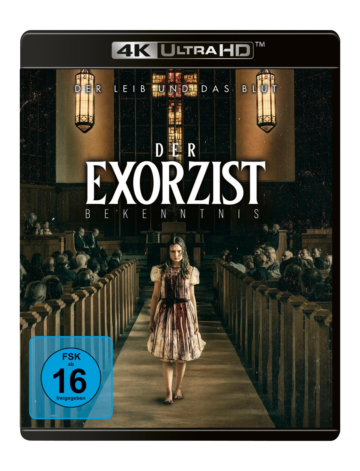 Filmcover: Mädchen in blutbeflecktem Kleid geht den Gang entlang. Text: 'DER EXORZIST'.