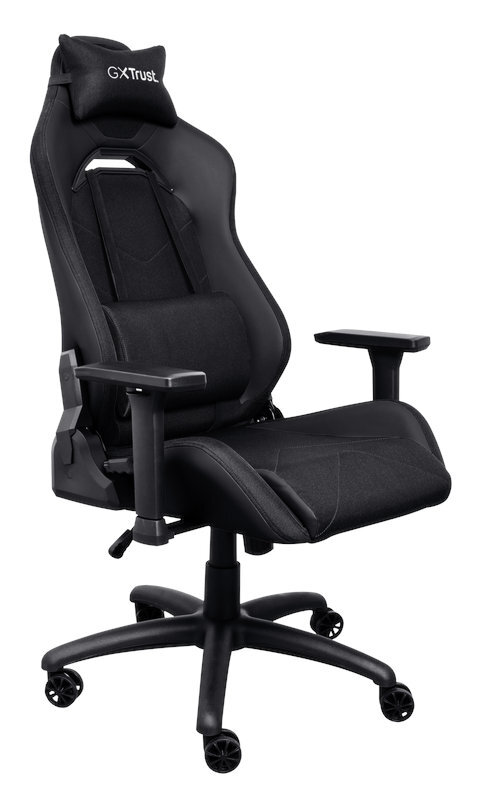 Czarny fotel do gier z zagłówkiem, podłokietnikami i kółkami.