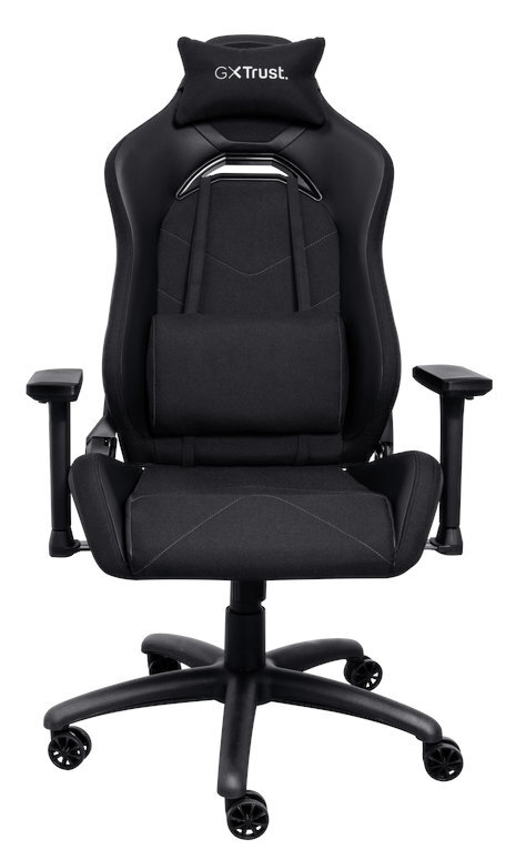 Czarny fotel gamingowy z zagłówkiem, oparciem i podłokietnikami na białym tle.