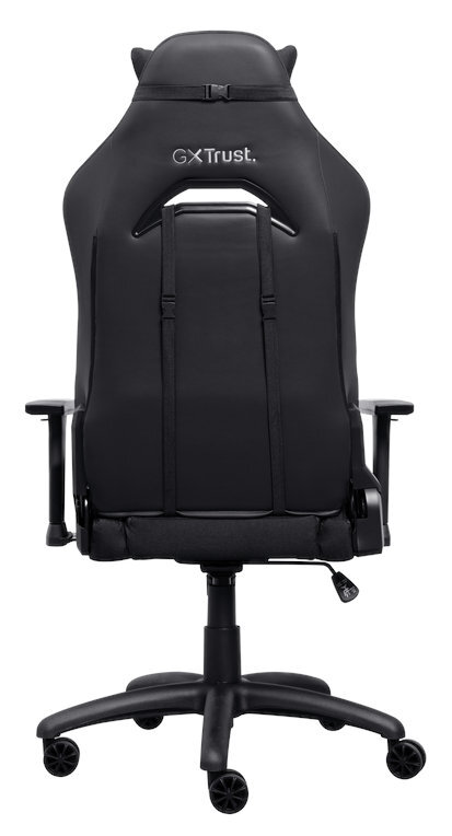 Oparcie czarnego fotela gamingowego. Logo GXT Trust. Widoczne paski i zagłówek. Pokazano tył fotela.