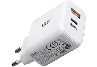 ISY IWC 4065 Hálózati töltő adapter, max 65W GaN, USB-A, USB-C, fehér (2V221961)