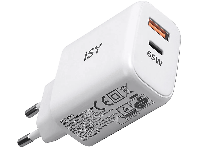 ISY IWC 4065 Hálózati töltő adapter, max 65W GaN, USB-A, USB-C, fehér (2V221961)