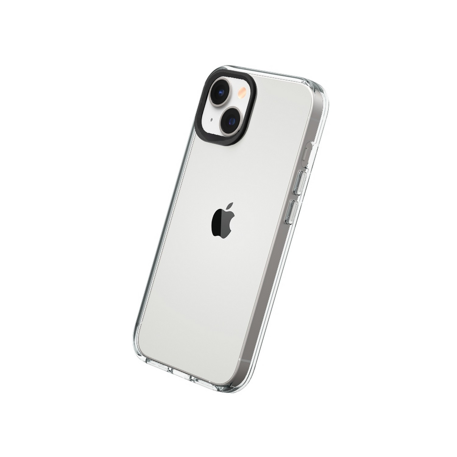 Een witte iPhone met een transparante hoes, een zwarte camerarand en het Apple-logo.