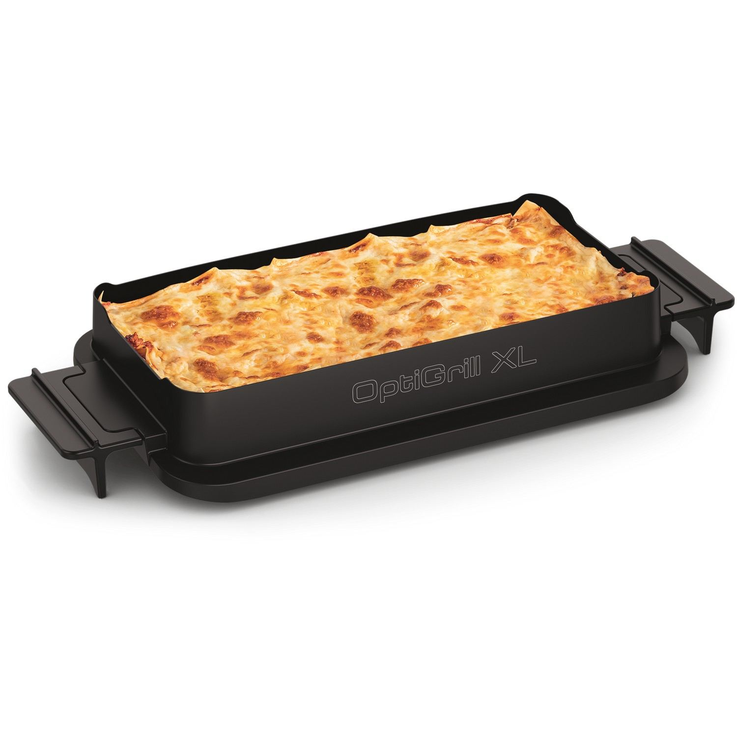 A black OptiGrill XL with cooked lasagna inside, isolated on a white background.