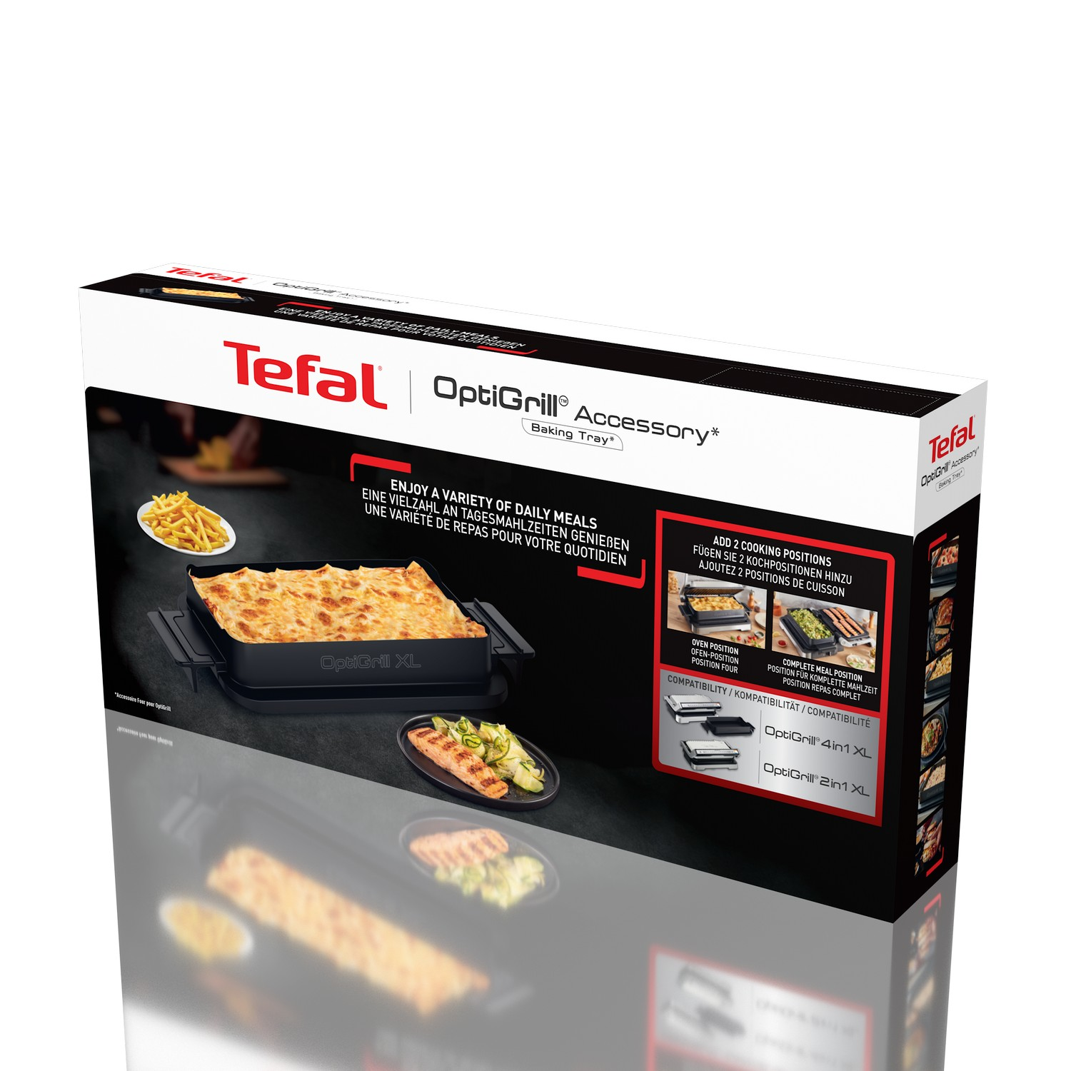 Tefal OptiGrill accessory box with food visuals and cooking positions diagrams.