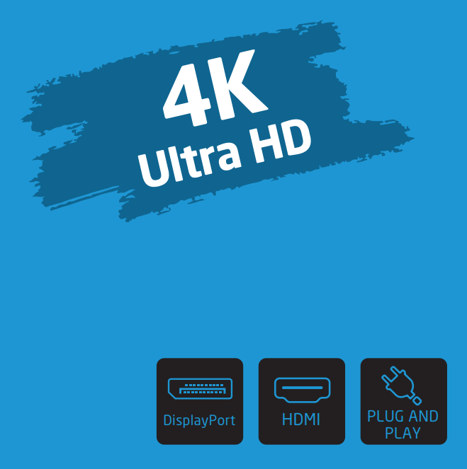 Kék háttér 4K Ultra HD szöveggel, valamint DisplayPort, HDMI és Plug and Play ikonokkal.