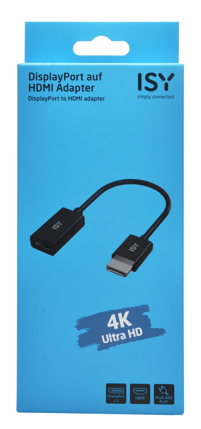 Egy DisplayPort-HDMI adapter a dobozában. A doboz kék, szöveggel.
