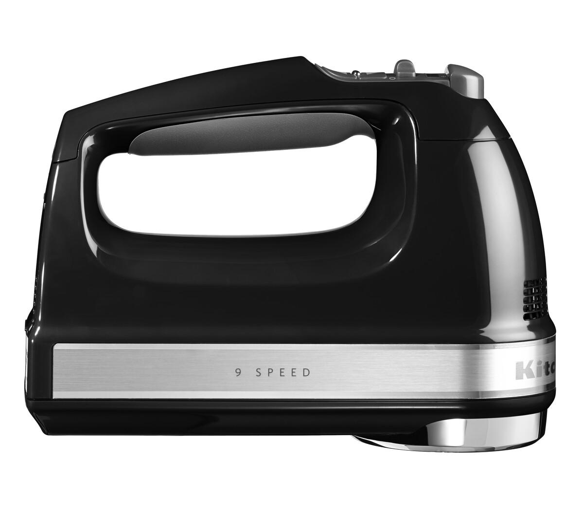 Schwarzer KitchenAid-Handmixer, 9-Gang, mit silbernem Band.