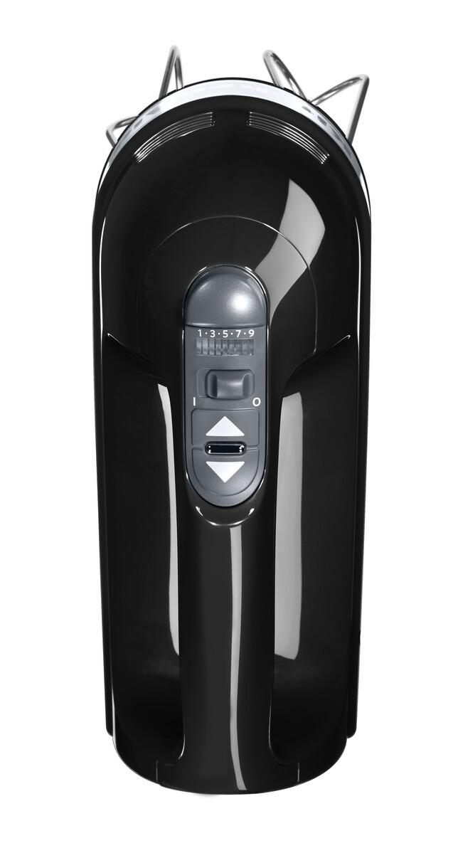 Schwarzer Handmixer, Draufsicht, zeigt Geschwindigkeitsregelung und Tasten.