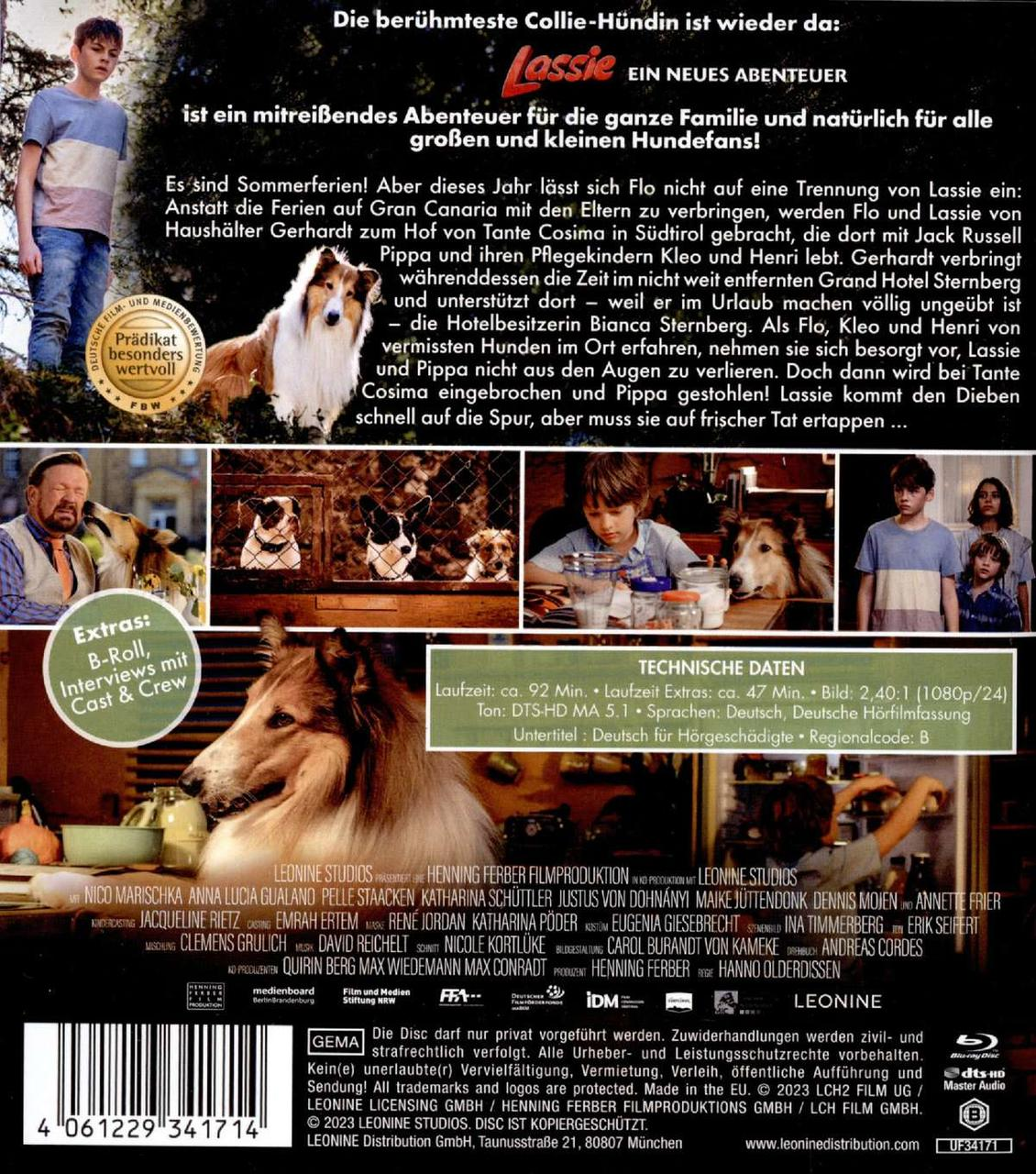 DVD-Cover mit einer Collage von Bildern aus dem Film Lassie und Text auf Deutsch.