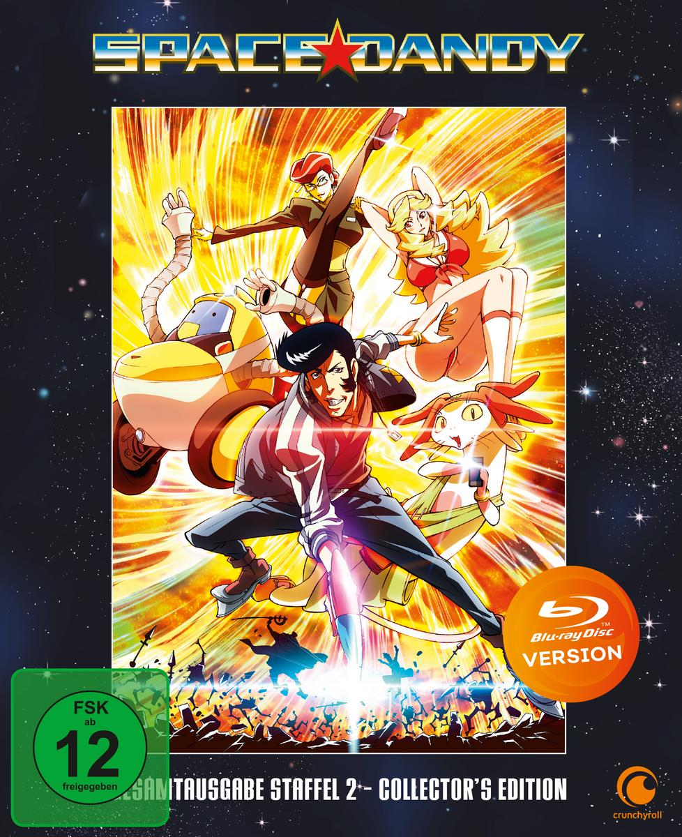 Anime-Blu-ray-Cover. Charaktere aus 'Space Dandy' in Aktion, heller gelb-oranger Hintergrund.