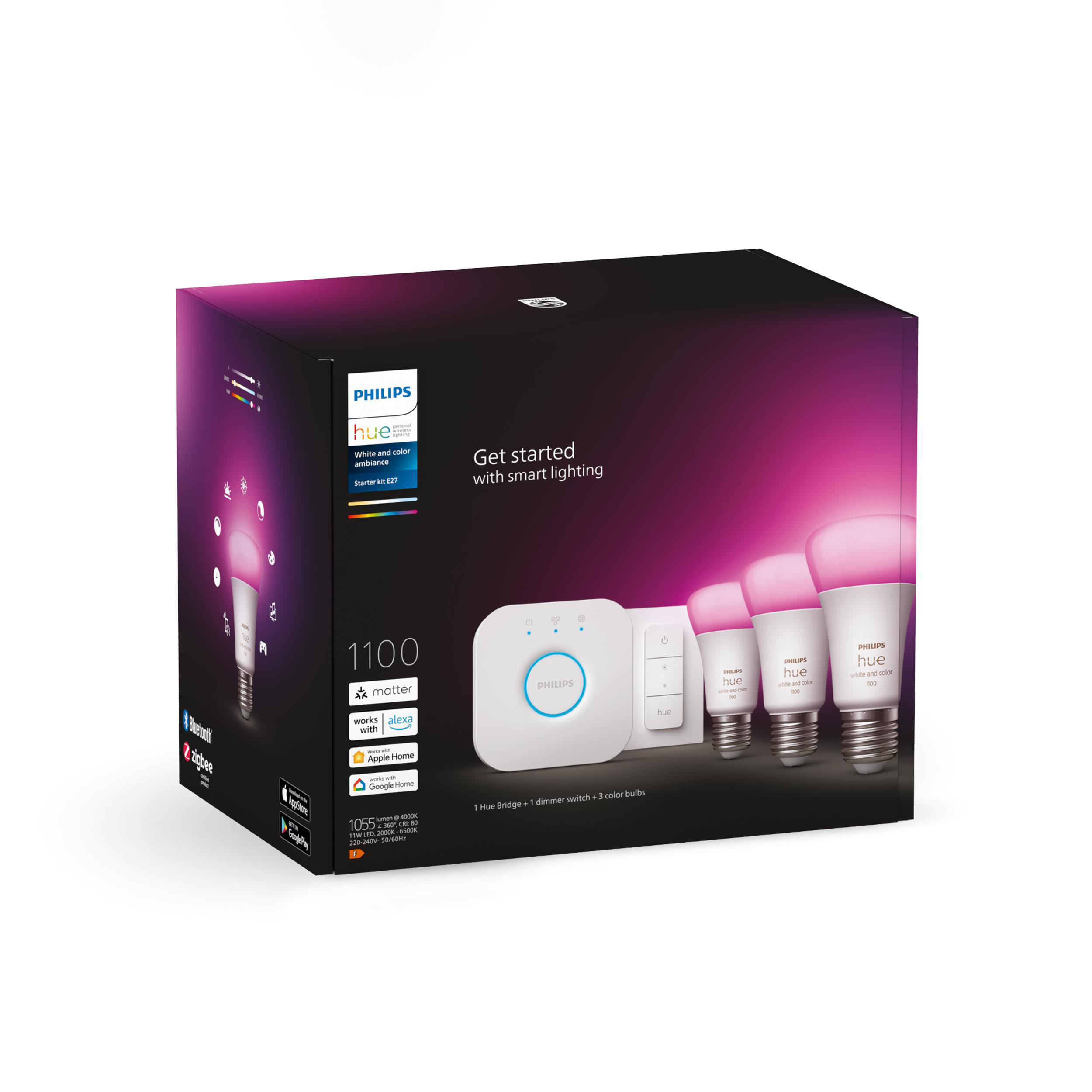 Eine Schachtel mit Philips Hue Smart-Beleuchtungsprodukten.