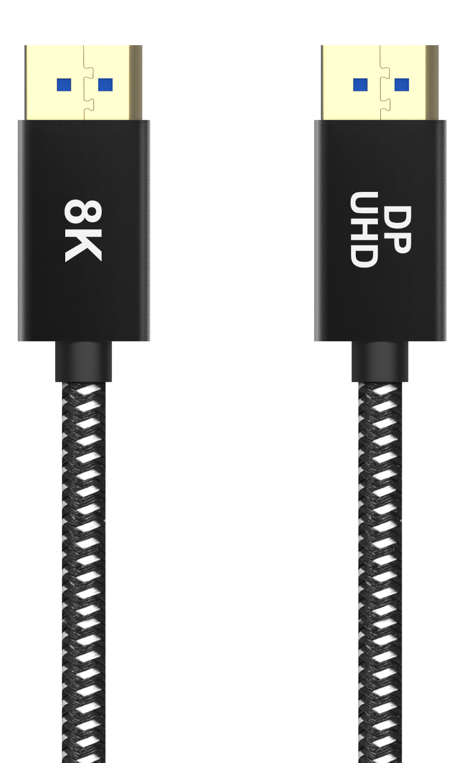 Egy fekete-fehér DisplayPort kábel 8K és DP UHD feliratokkal.