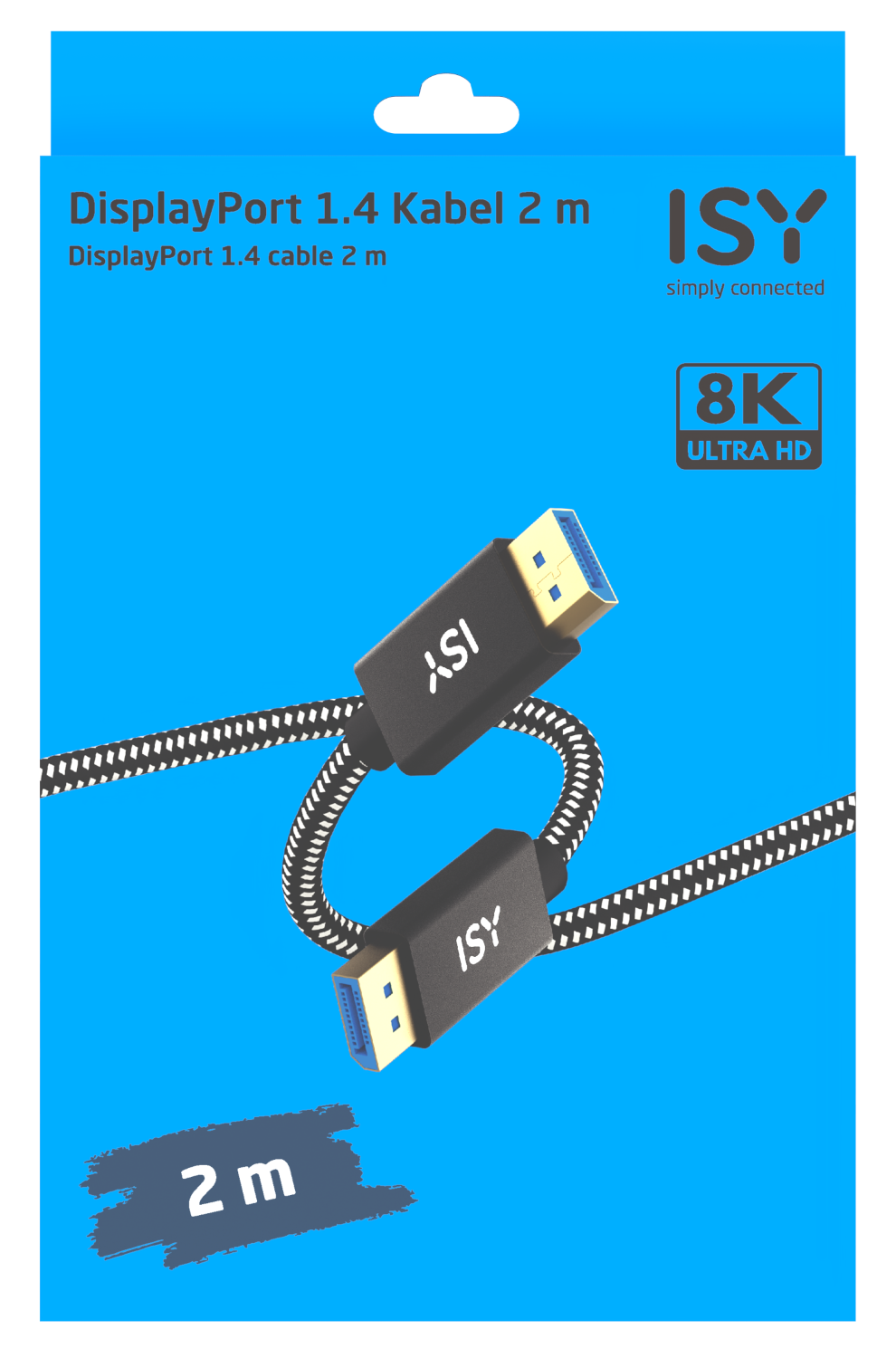 DisplayPort 1.4 kábel kék-fehér dobozon, fekete kábel ISY logóval.