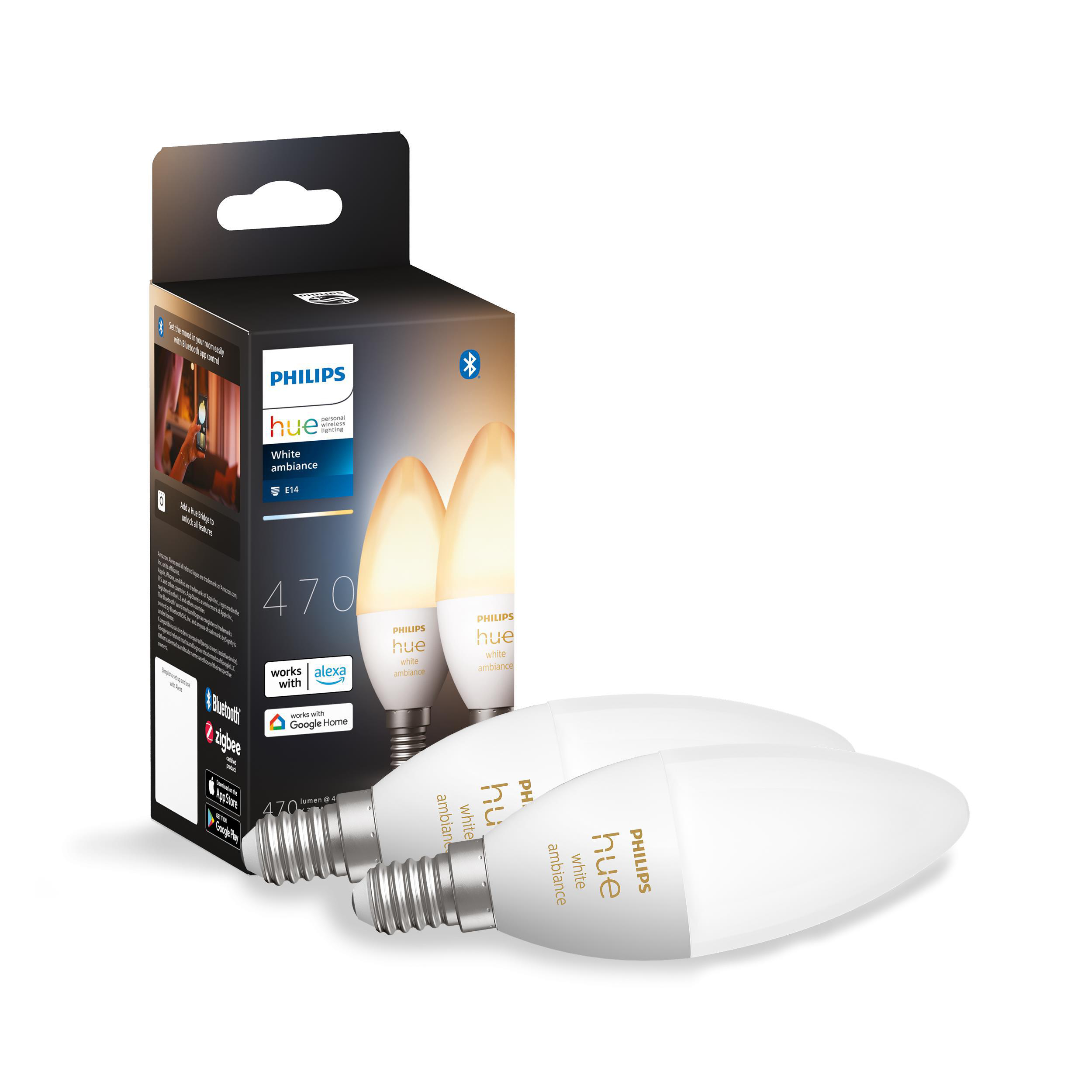 Zwei Philips Hue White Ambiance Glühbirnen in einer Box, mit weißem Hintergrund.