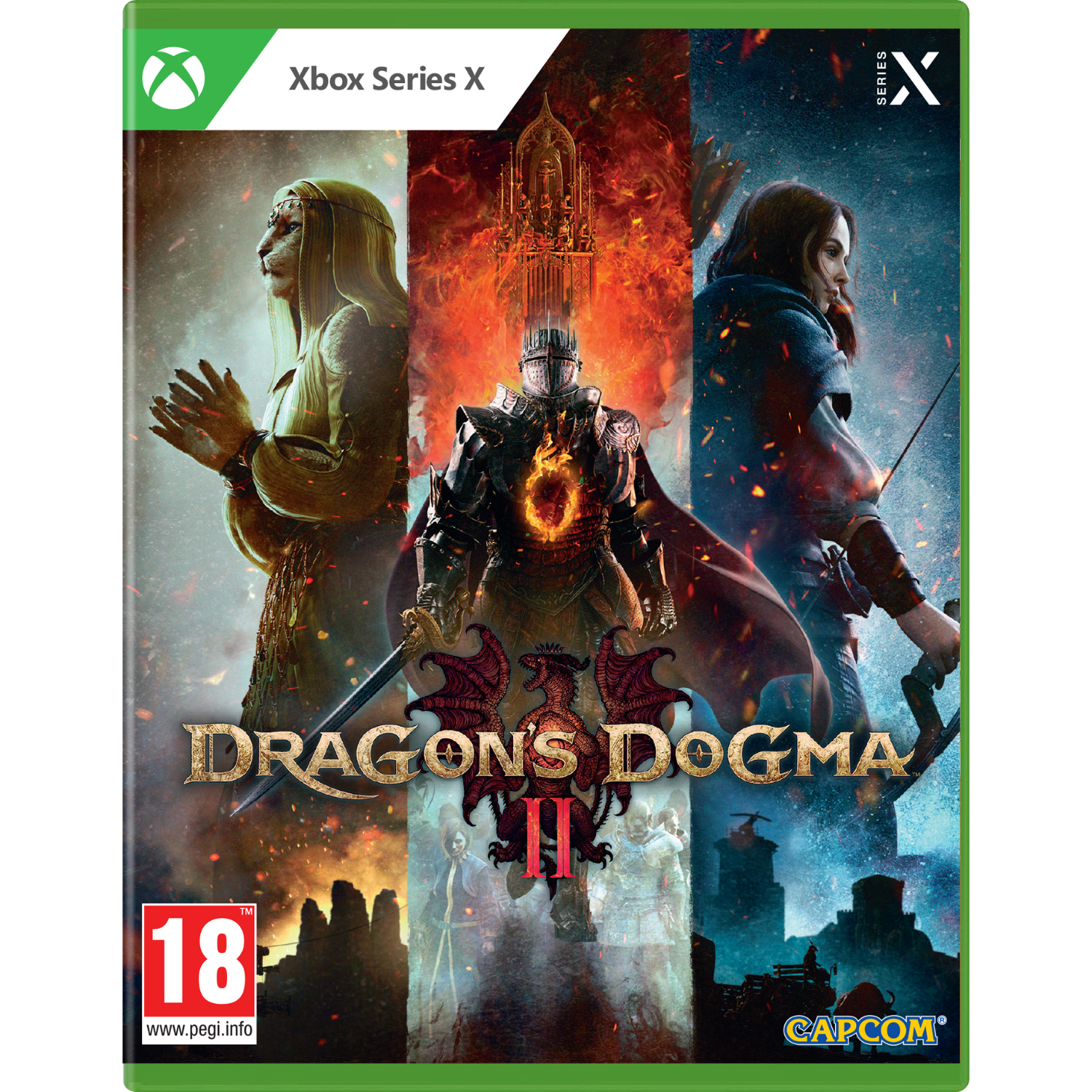 Gamecover voor Dragon's Dogma II, Xbox Series X. Bevat personages, een draak en een ridder.