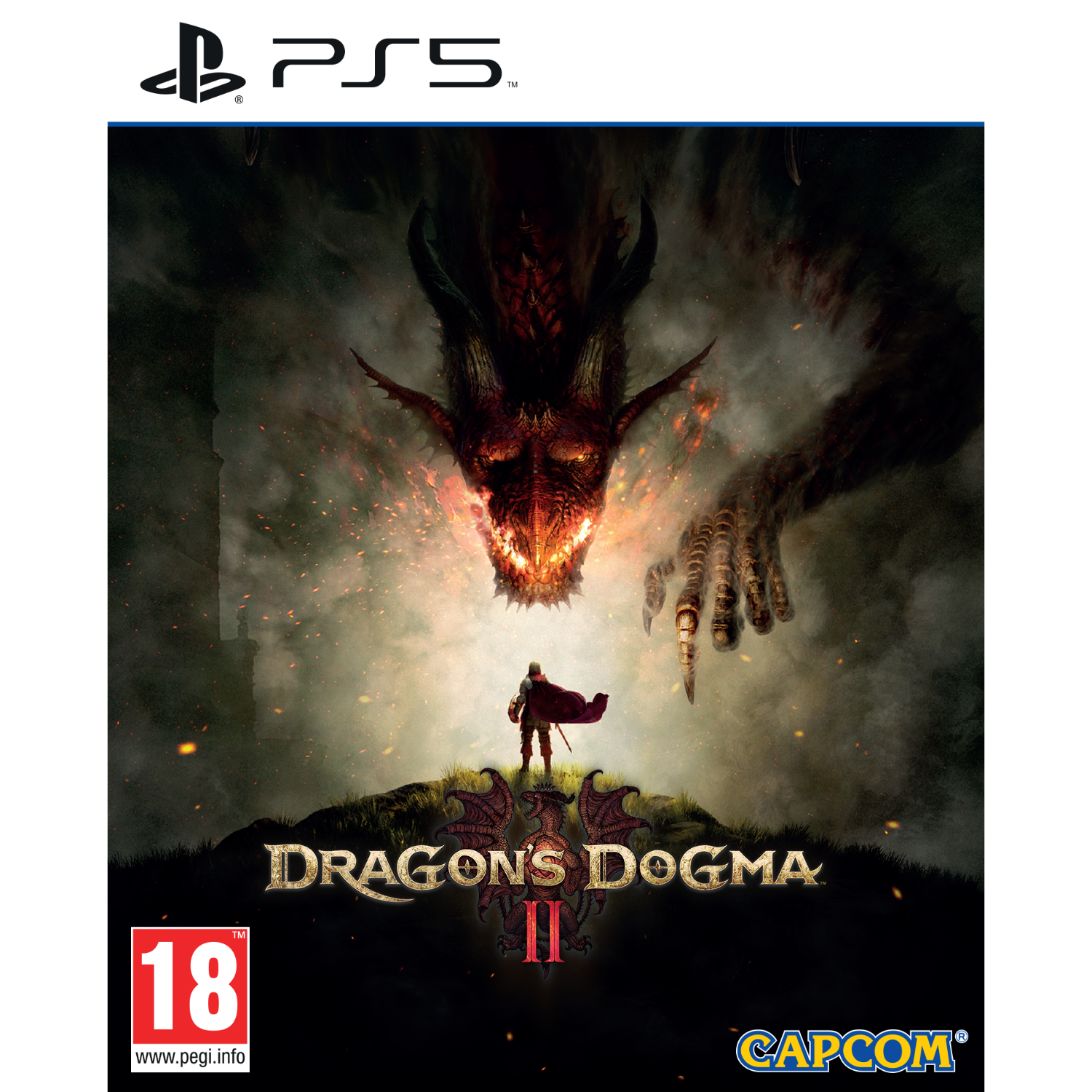 Dragon's Dogma II game cover. Een ridder staat tegenover een draak. PS5 logo bovenaan.