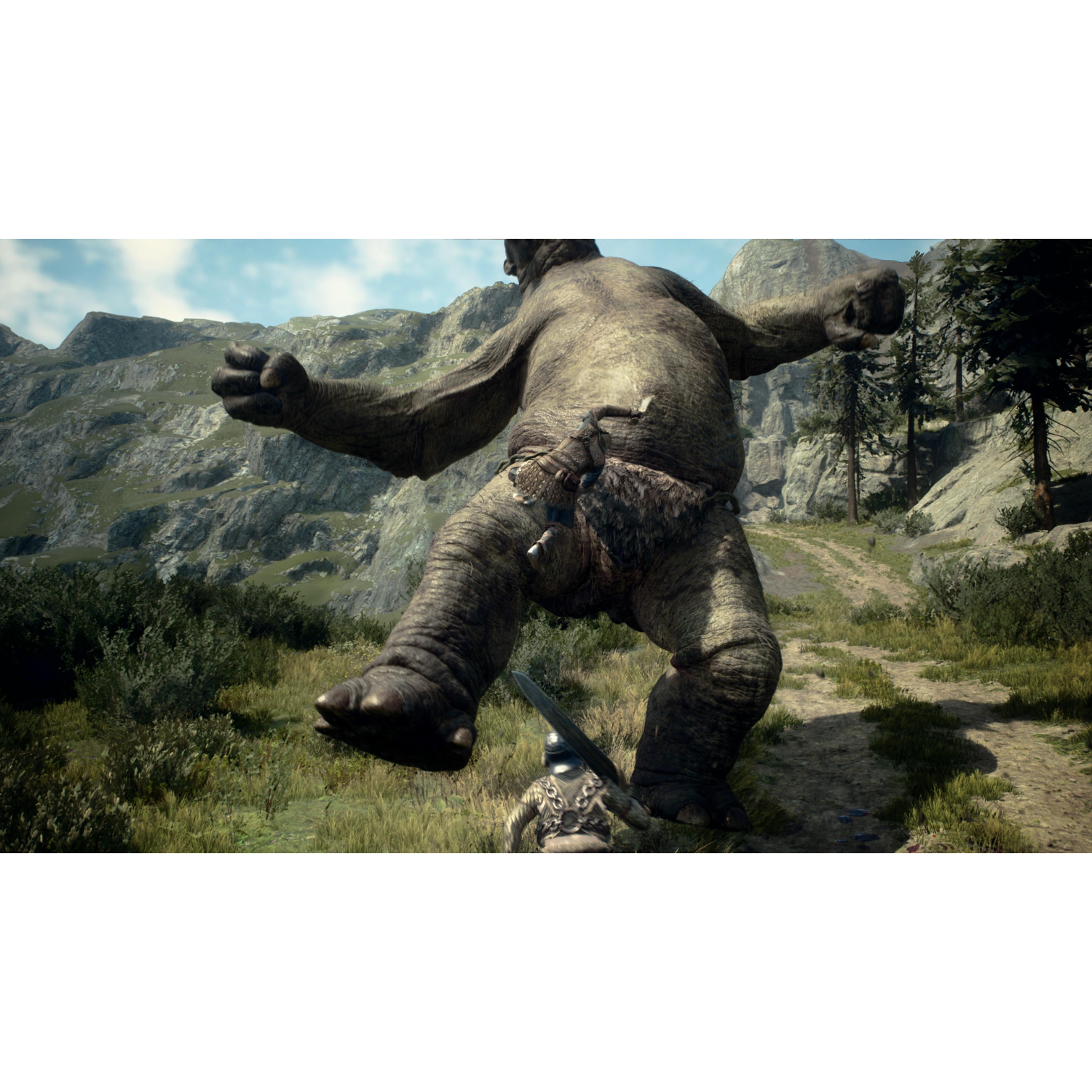Een gigantisch monster valt een krijger aan in een groen veld. De scène komt uit een videogame.