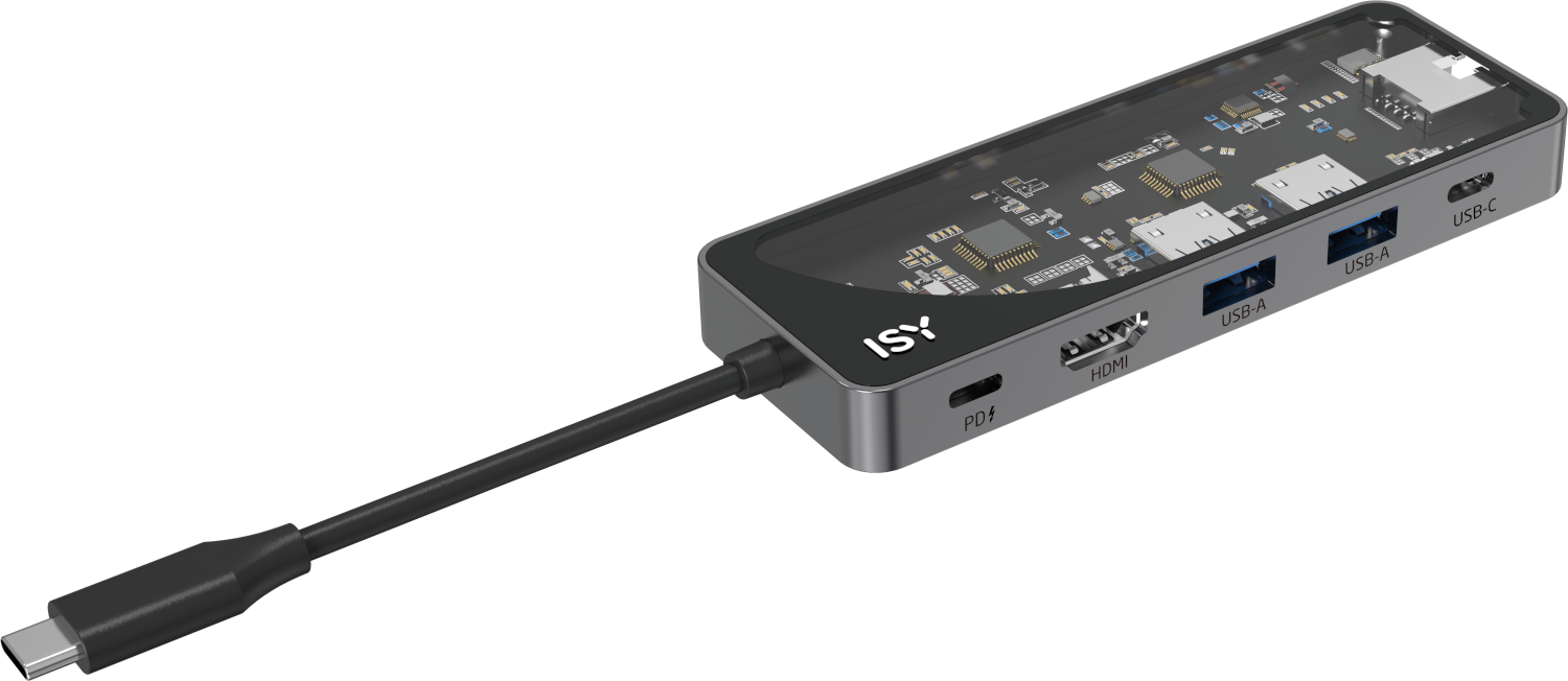 ISY IAD 1024-2 USB 3.1 Type-C multiport adapter, HDMI, LAN, 2x USB-A, USB-C PD 100W, átlátszó (2V225518)