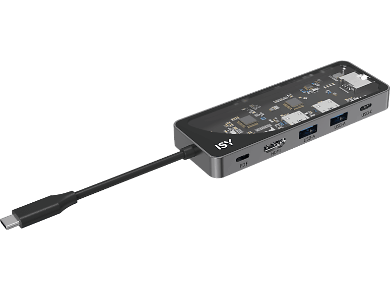 ISY IAD 1024-2 USB 3.1 Type-C multiport adapter, HDMI, LAN, 2x USB-A, USB-C PD 100W, átlátszó (2V225518)