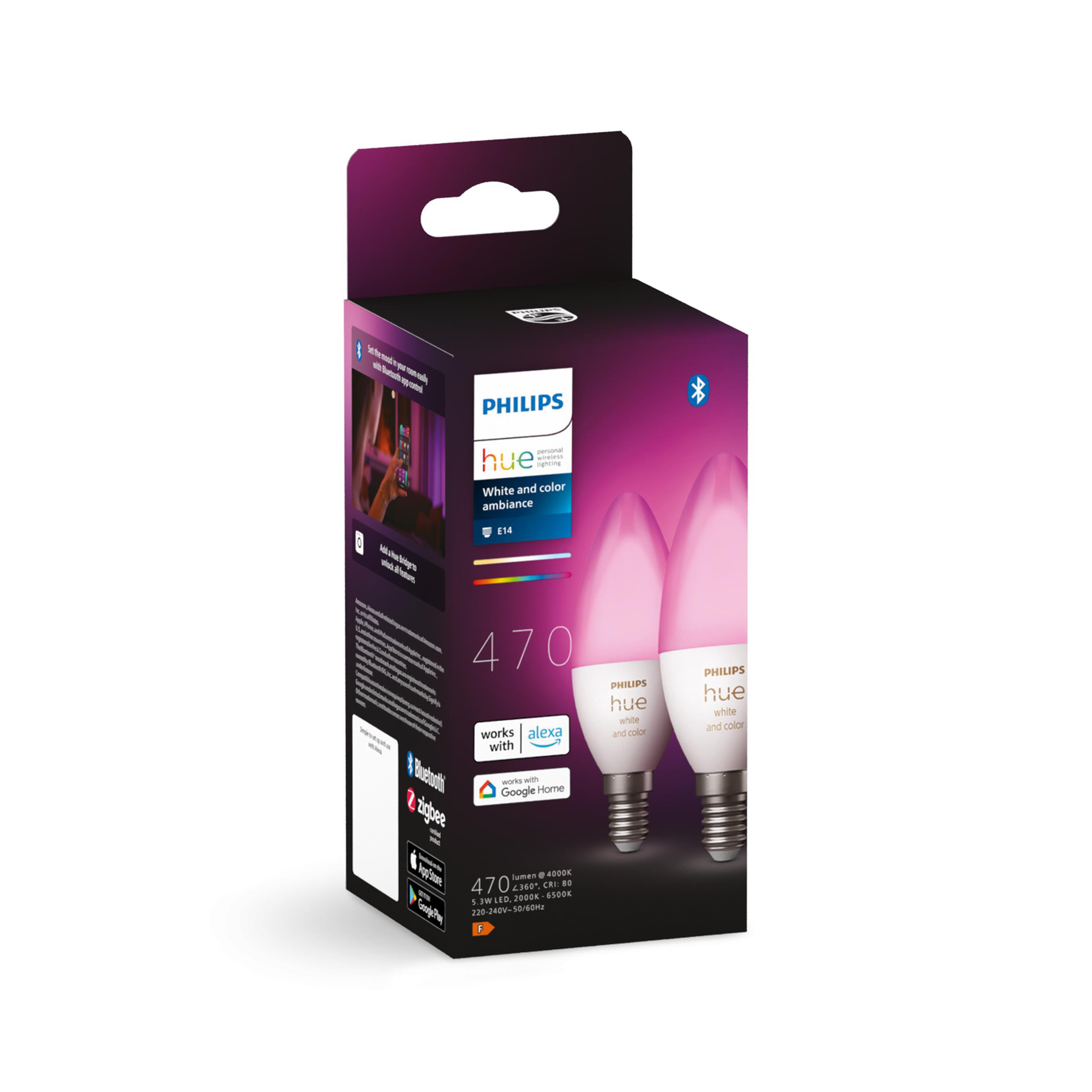 Zwei Philips Hue Smart-Lampen in der Verpackung. Die Box ist weiß und lila. Weißer Hintergrund.